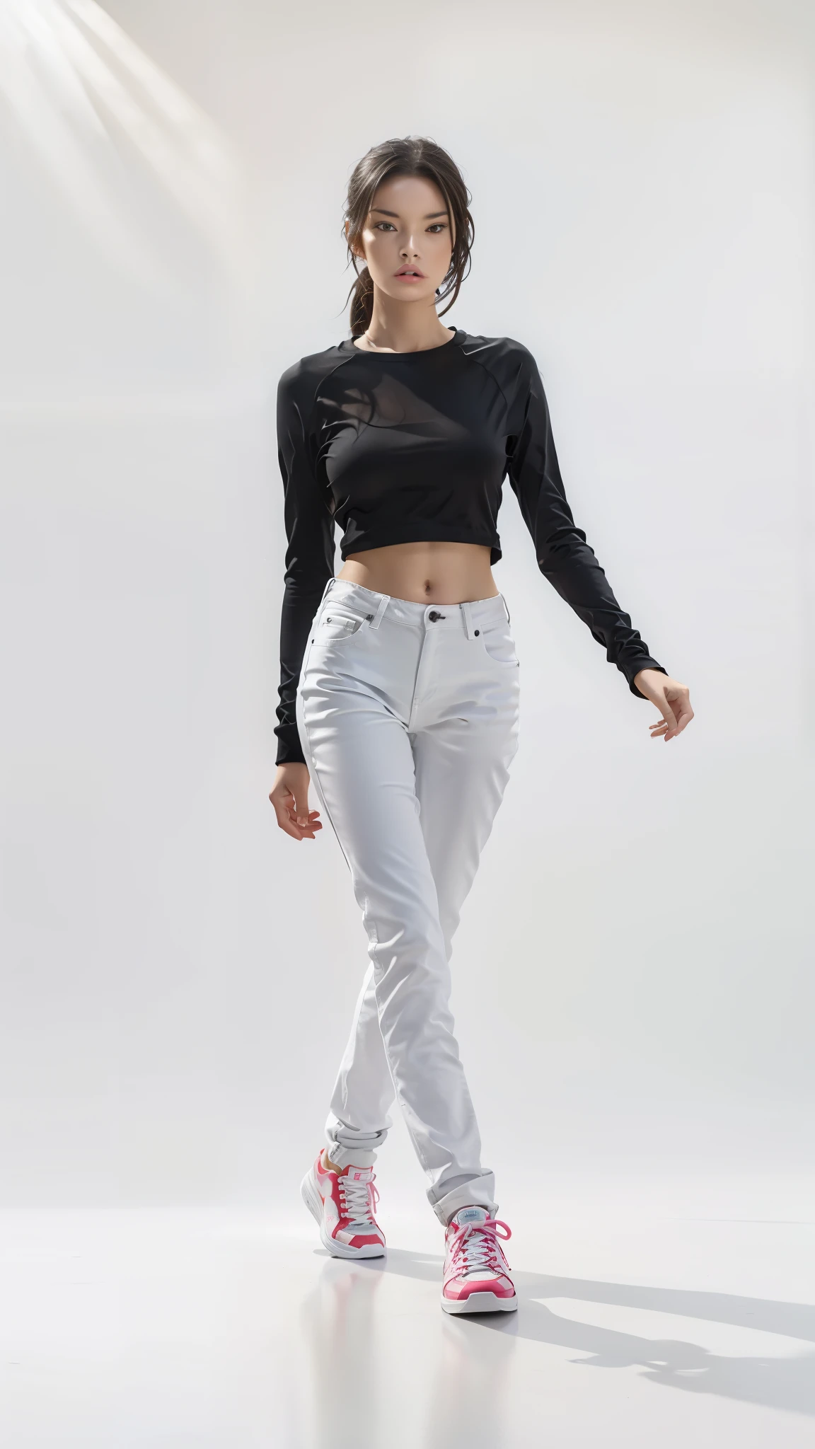 16K, Masterpiece, photorealism, A girl walks to her full height, a girl with dark long hair, a girl dressed in a white top, light jeans, white sneakers, white background,