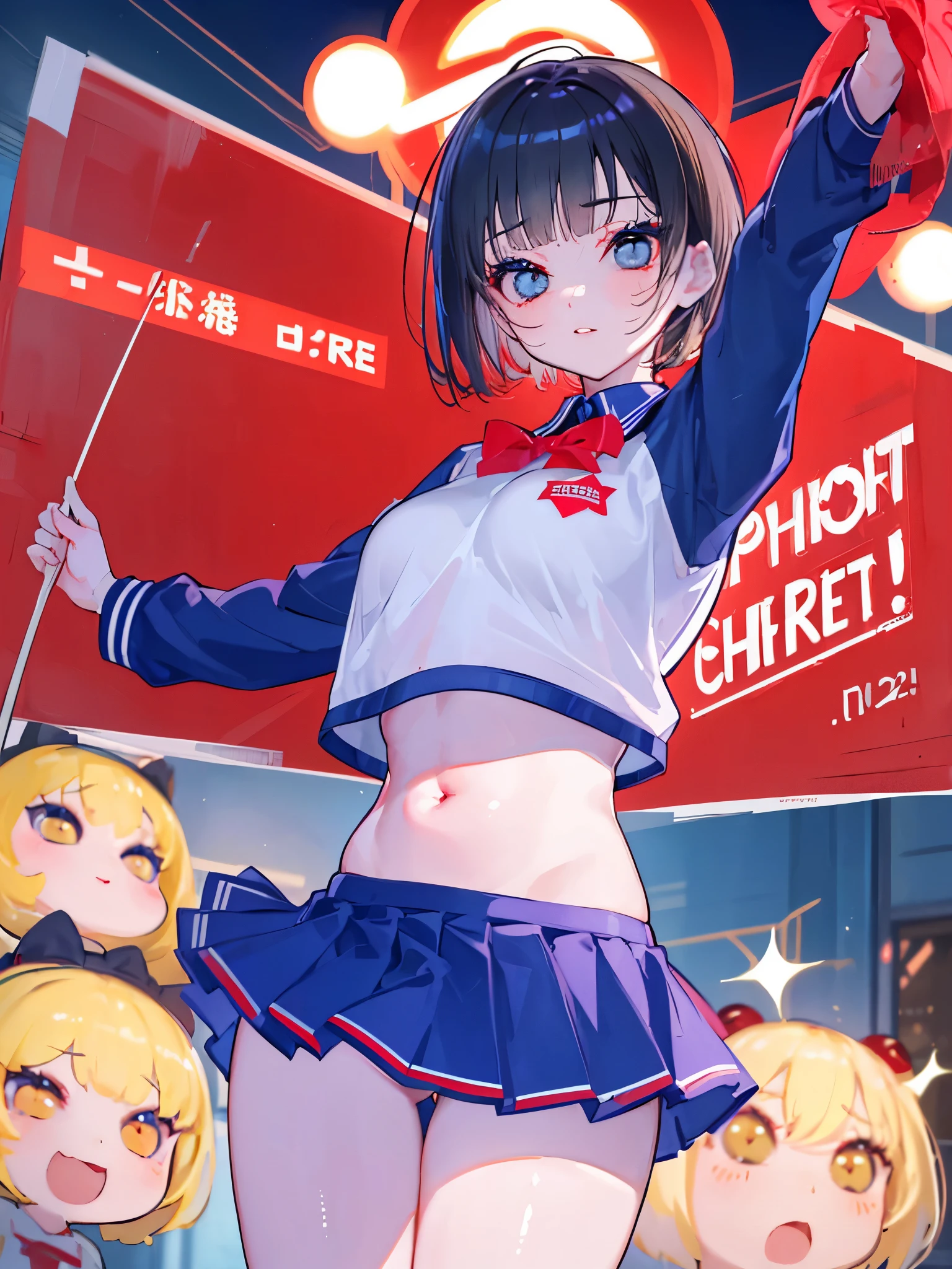 "(perfect masterpiece:1.2), (highest quality:1.2), stunning face,  uniform, mature and chubby, Big eyes, compensate, long and luxurious eyelashes, lip whole, irresistible charisma.",cheerleader,belly button,(((female brat))),(((very short hair))),raised his arms,NSFW,devil's smile,Are standing,Upper body,front,Cheerleader,mini skirt,double teeth,young