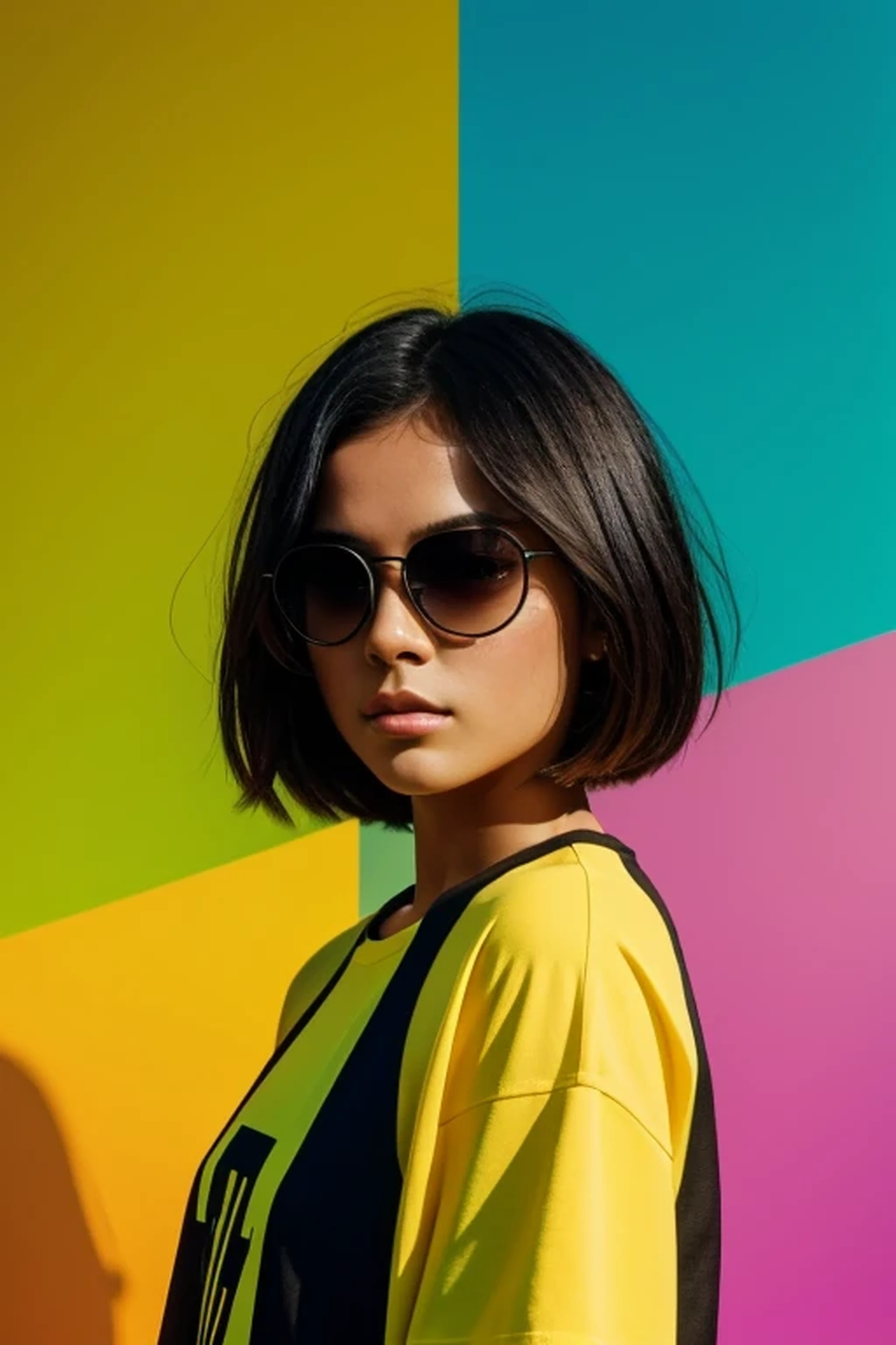 distance from view, vector for t-shirt design, funky girl with sunglasses standing on the green and yellow panels behind, in the style of ethereal light effects, minimalistic portraits, dark black and pink, intense gaze, colorful installations, portraits with soft lighting, bold lines, vivid colors -