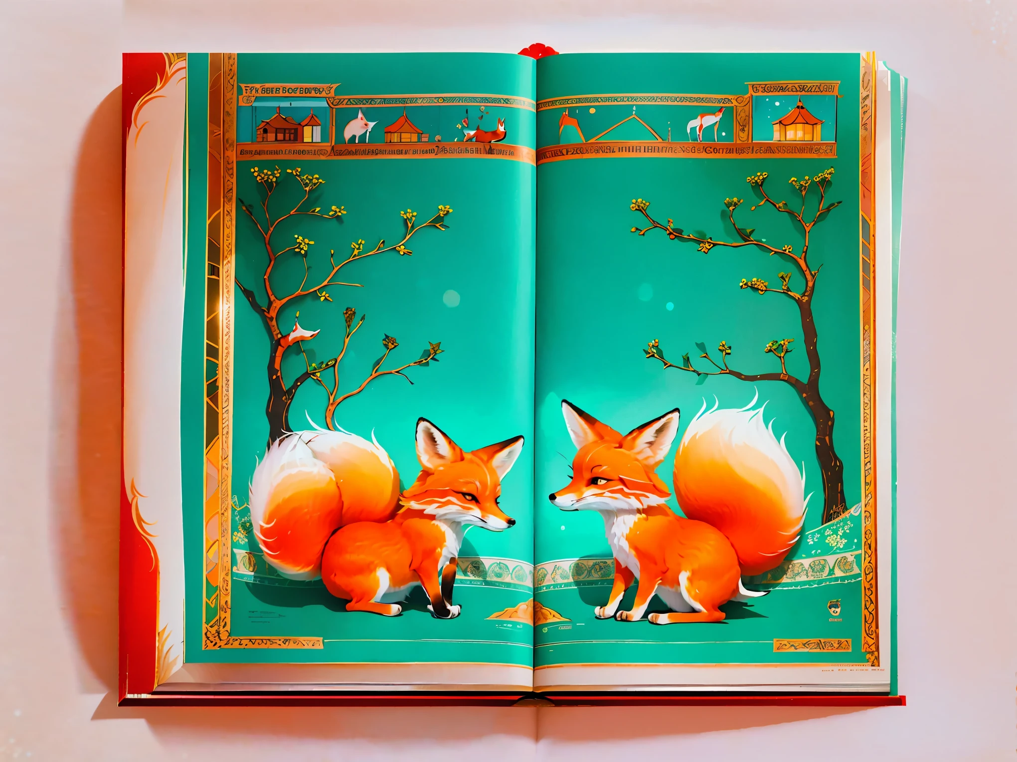 The story of the white fox depicted in a picture book, double-page picture book, fun atmosphere, Colorful illustrations, entertainment, nostalgic memories, bright, adorable fox, picture book story, Soft impression, imagination, white fox illustration, baby fox and snow, warm light, fun laughter, (((The picture book on the table is opened and the story of the fox begins.)))。