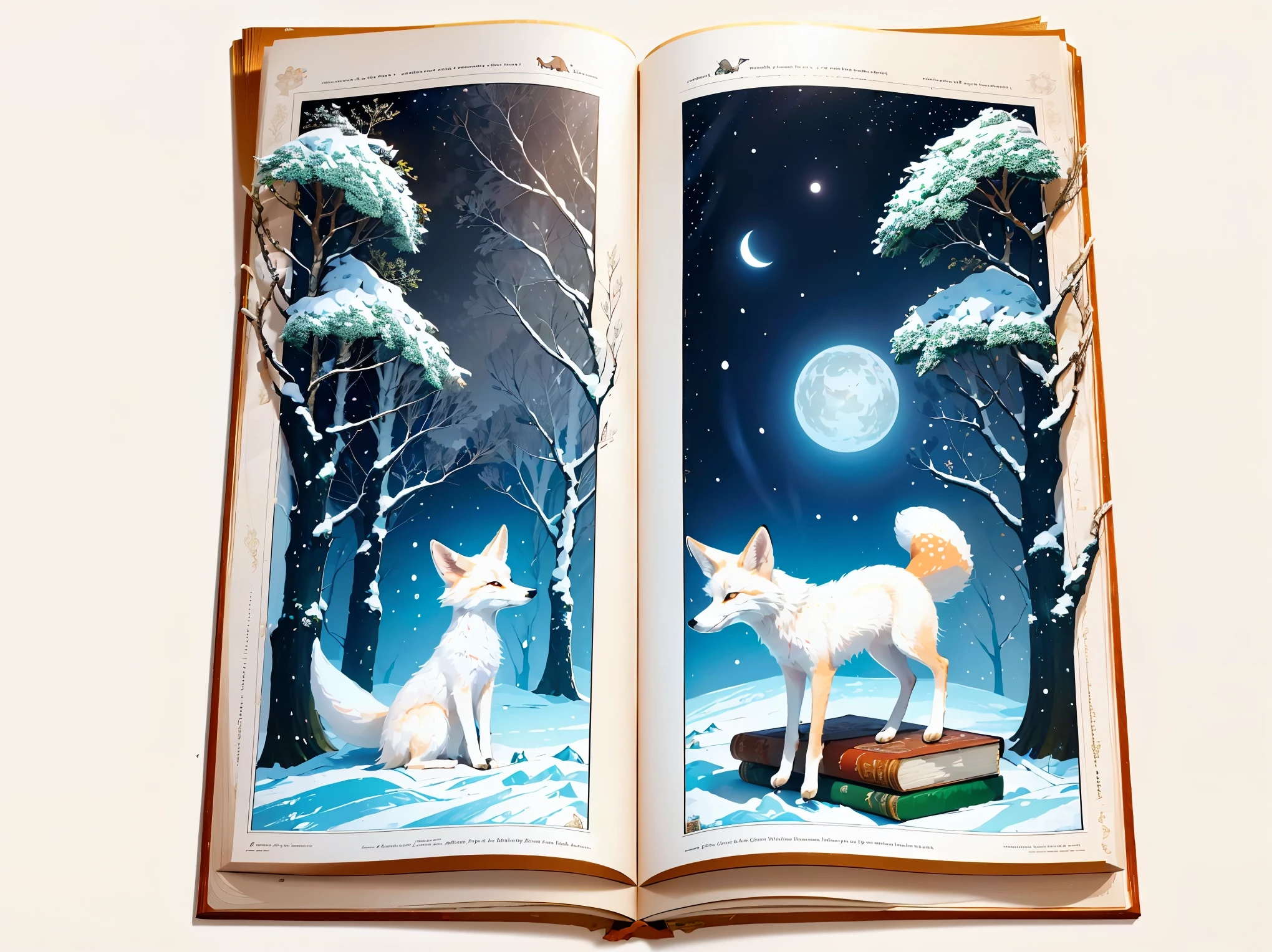 The story of the white fox depicted in a picture book, double-page picture book, fun atmosphere, Colorful illustrations, entertainment, nostalgic memories, bright, adorable fox, picture book story, Soft impression, imagination, white fox illustration, baby fox and snow, warm light, fun laughter, (((The picture book on the table is opened and the story of the pure white fox begins.)))。