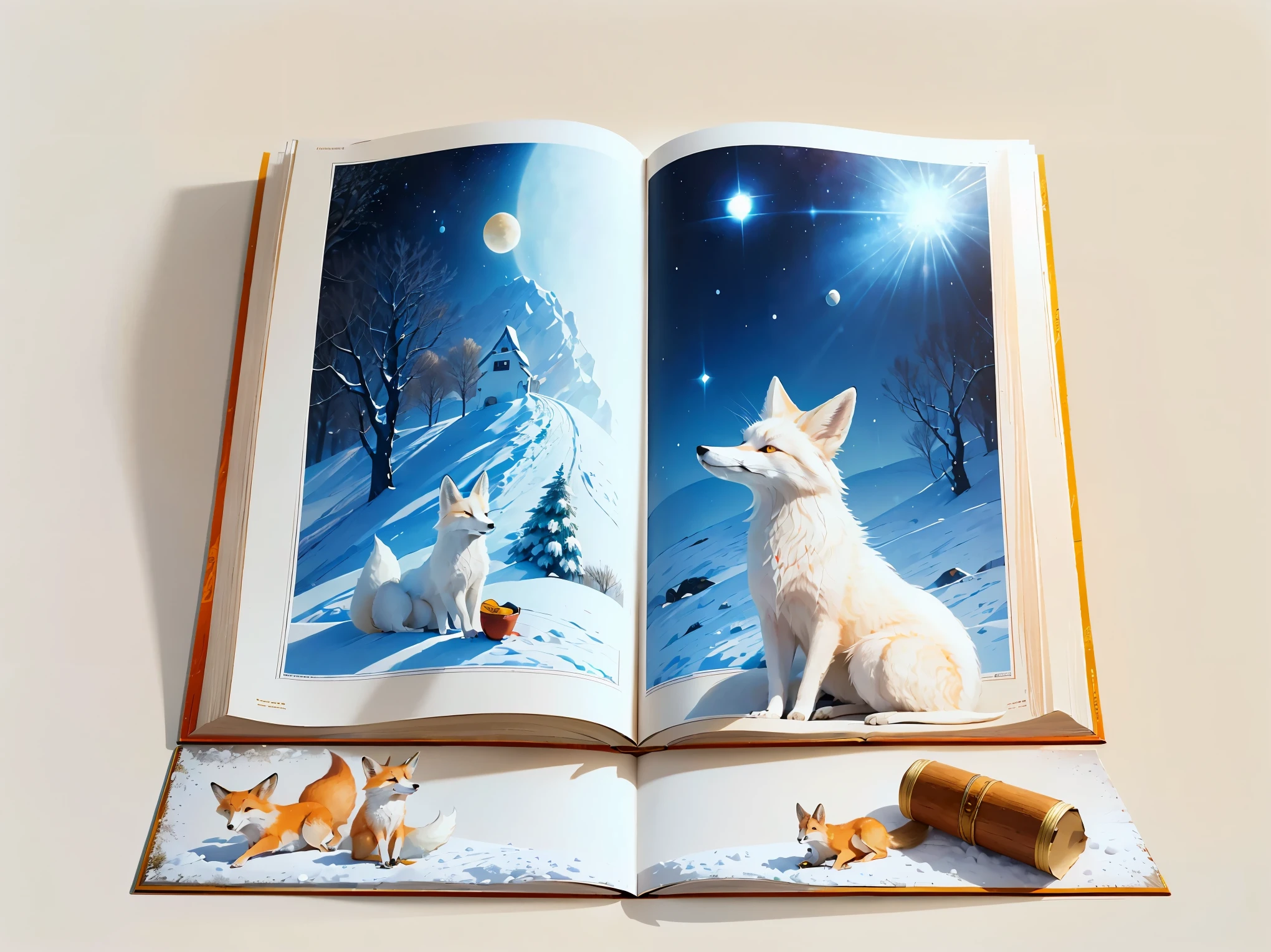 The story of the white fox depicted in a picture book, double-page picture book, fun atmosphere, Colorful illustrations, entertainment, nostalgic memories, bright, adorable fox, picture book story, Soft impression, imagination, white fox illustration, baby fox and snow, warm light, fun laughter, (((The picture book on the table is opened and the story of the pure white fox begins.)))。