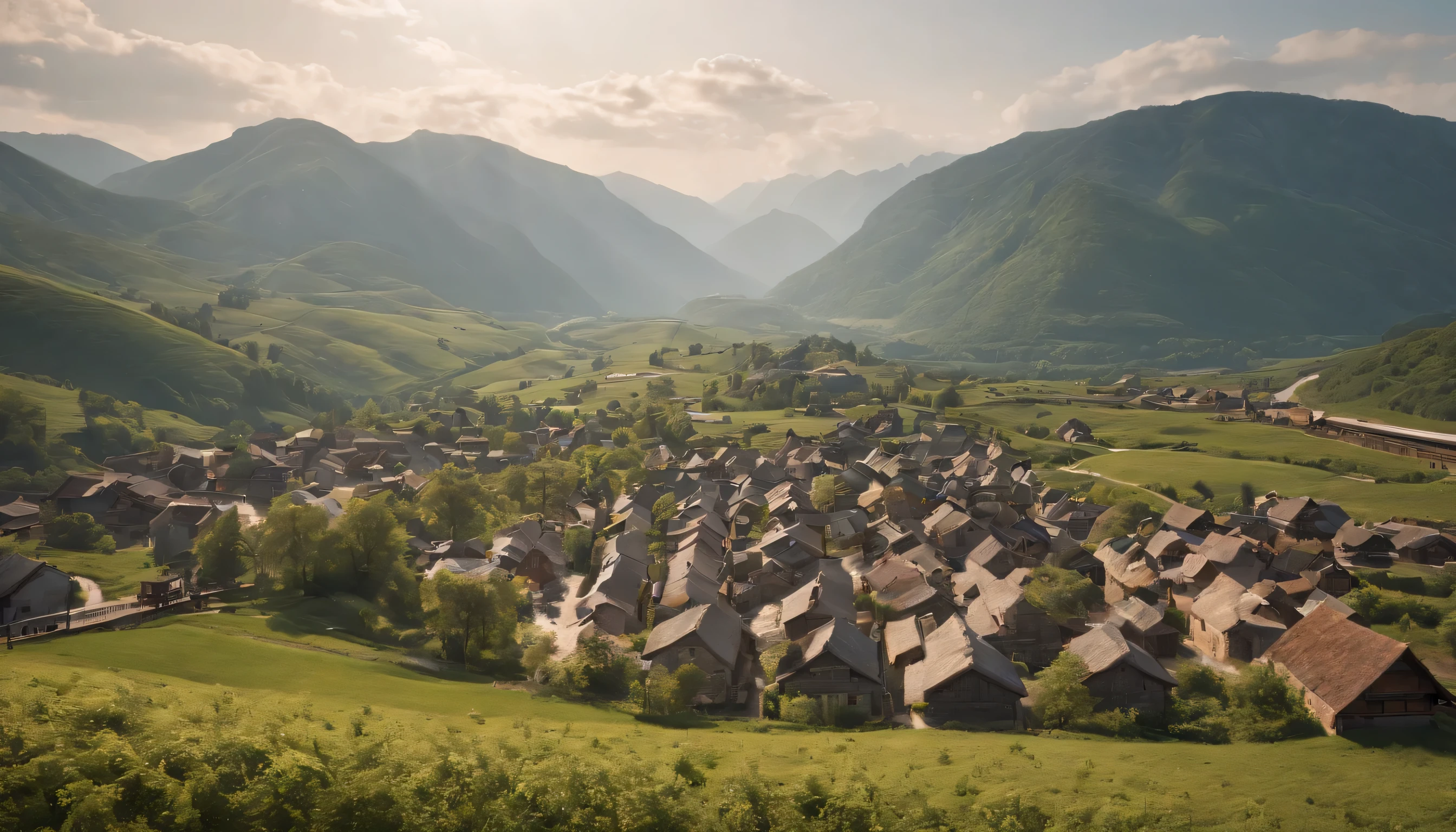 (Highly detailed CG Unity 8k wallpaper、masterpiece、highest quality、Super detailed)、(best lighting、best shadow、very delicate and beautiful)、highest quality、8k、Detailed facial depiction、masterpiece、highest quality、clear image quality、
Mountains from the train window々Photos of landscapes of high-rise villages and towns surrounded by.。