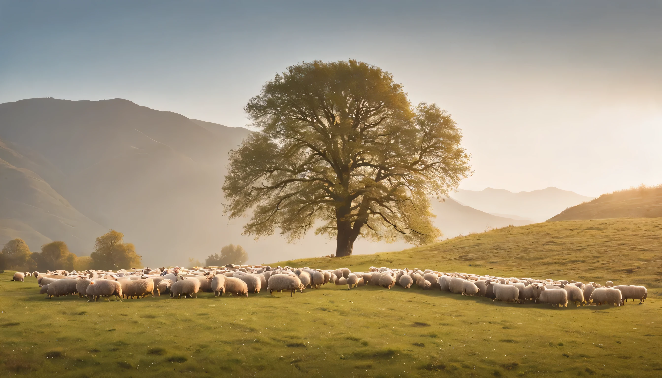 (Highly detailed CG Unity 8k wallpaper、masterpiece、highest quality、Super detailed)、(best lighting、best shadow、very delicate and beautiful)、highest quality、8k、Detailed facial depiction、masterpiece、highest quality、clear image quality、
A photo of a landscape of meadows and flocks of sheep seen from a train crossing the plateau.。