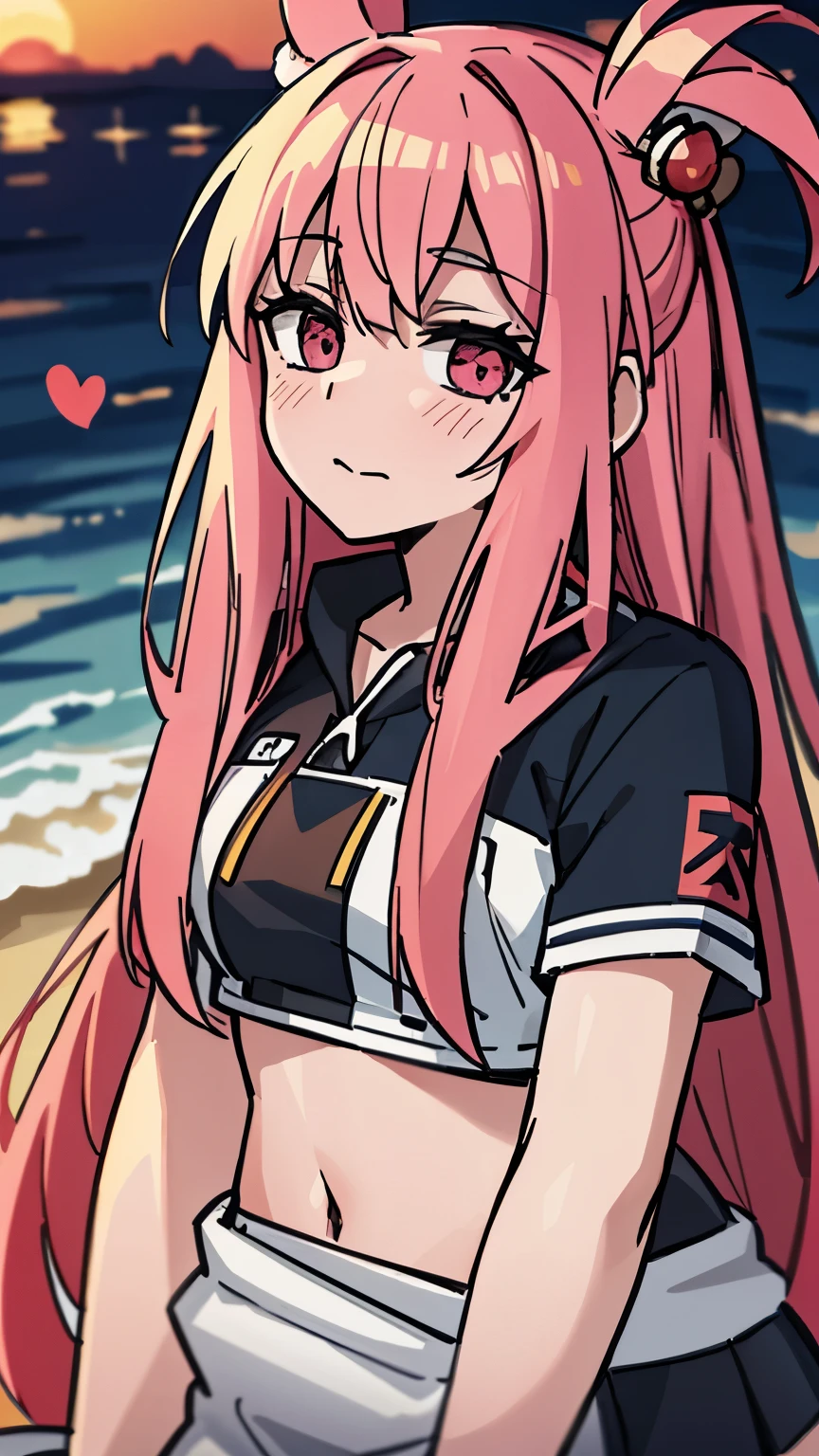 beach,seaside,Sunset,8k resolution,pink long hair,pink eyes,Uniforms,lol