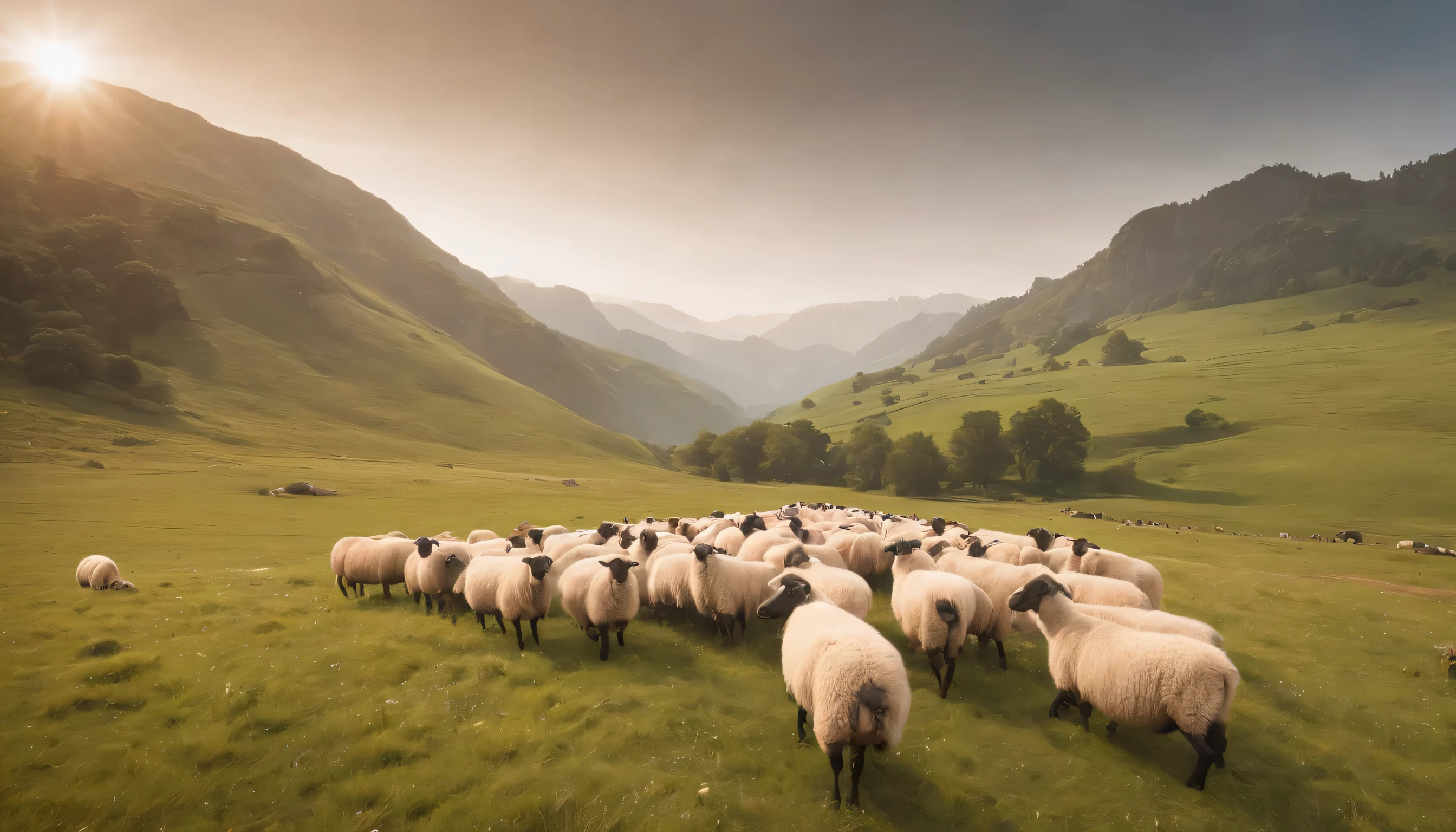 (Highly detailed CG Unity 8k wallpaper、masterpiece、highest quality、Super detailed)、(best lighting、best shadow、very delicate and beautiful)、highest quality、8k、Detailed facial depiction、masterpiece、highest quality、clear image quality、
A photo of a landscape of meadows and flocks of sheep seen from a train crossing the plateau.。