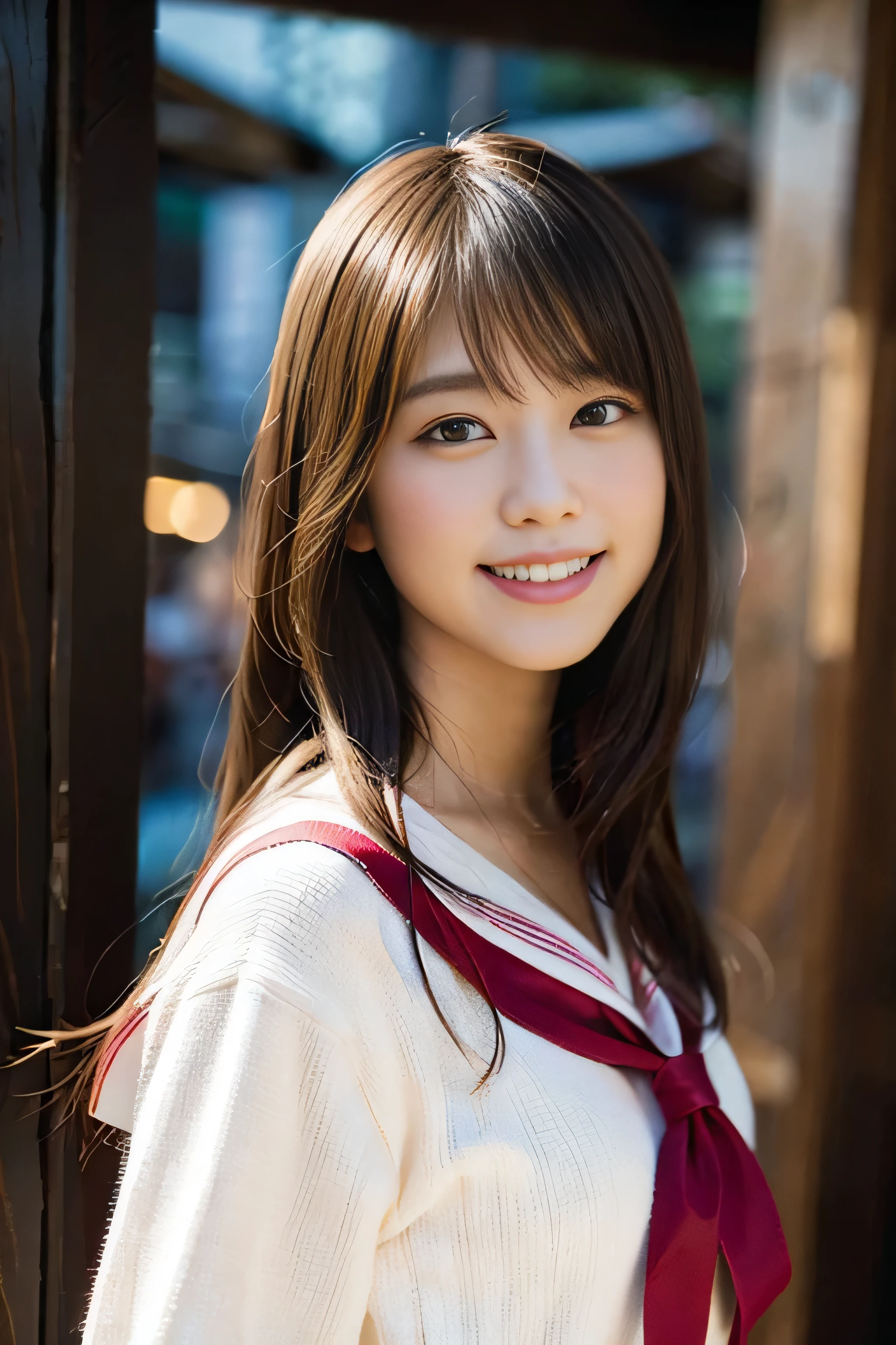 (8k、RAW photo、highest quality、masterpiece:1.2)、(realistic、Photoreal:1.37)、Super detailed、超A high resolution、1 girl、see the beholder、beautiful and detailed face、laughter、narrow、(slim waist) :1.3)、Fine and beautiful skin、skin texture、floating hair、professional lighting、as a whole human body、long hair、blonde、Japanese high school uniform、sailor suit、admission fees、、bob hair、E cup、smile、、red ribbon、baby face、Young Smile、no makeup、moisturizing lips、Pale pink lip、shrine、赤いshrine、Old landscape of Japan