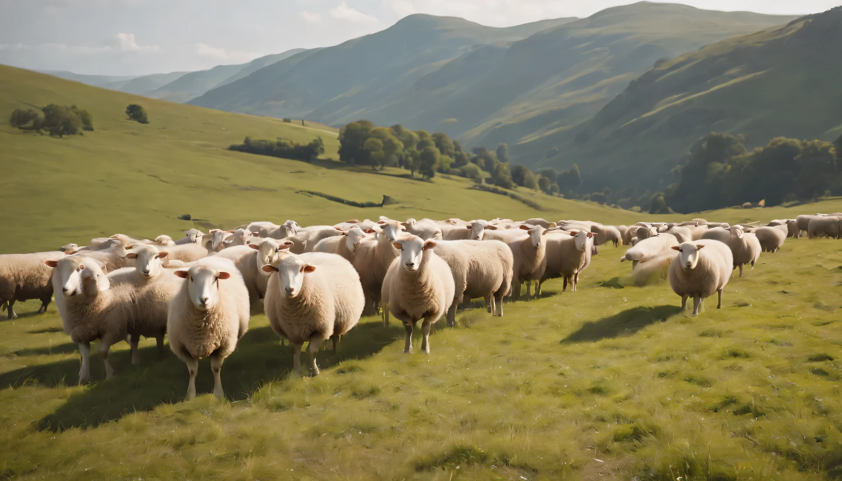 (Highly detailed CG Unity 8k wallpaper、masterpiece、highest quality、Super detailed)、(best lighting、best shadow、very delicate and beautiful)、highest quality、8k、Detailed facial depiction、masterpiece、highest quality、clear image quality、
A photo of a landscape of meadows and flocks of sheep seen from a train crossing the plateau.。