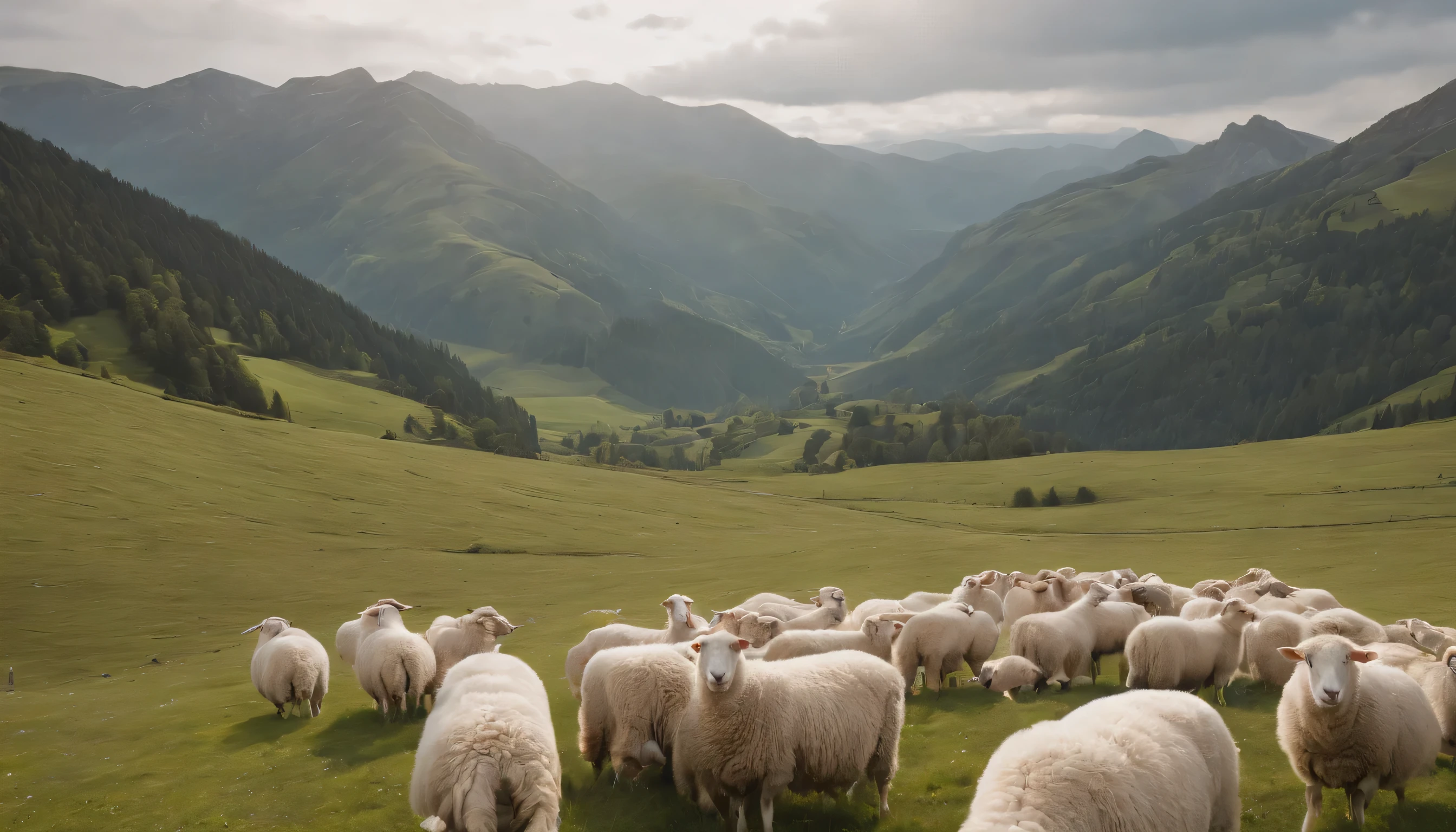 (Highly detailed CG Unity 8k wallpaper、masterpiece、highest quality、Super detailed)、(best lighting、best shadow、very delicate and beautiful)、highest quality、8k、Detailed facial depiction、masterpiece、highest quality、clear image quality、
A photo of a landscape of meadows and flocks of sheep seen from a train crossing the plateau.。
