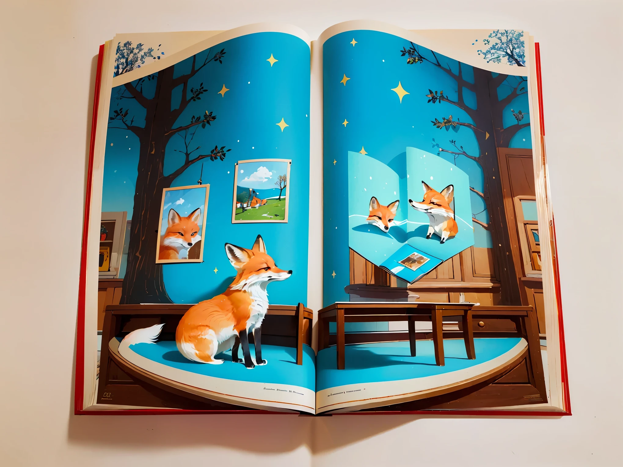 The story of the white fox depicted in a picture book, double-page picture book, fun atmosphere, Colorful illustrations, entertainment, nostalgic memories, bright, adorable fox, picture book story, Soft impression, imagination, white fox illustration, baby fox and snow, warm light, fun laughter, (((The picture book on the table is opened and the story of the fox begins.))).