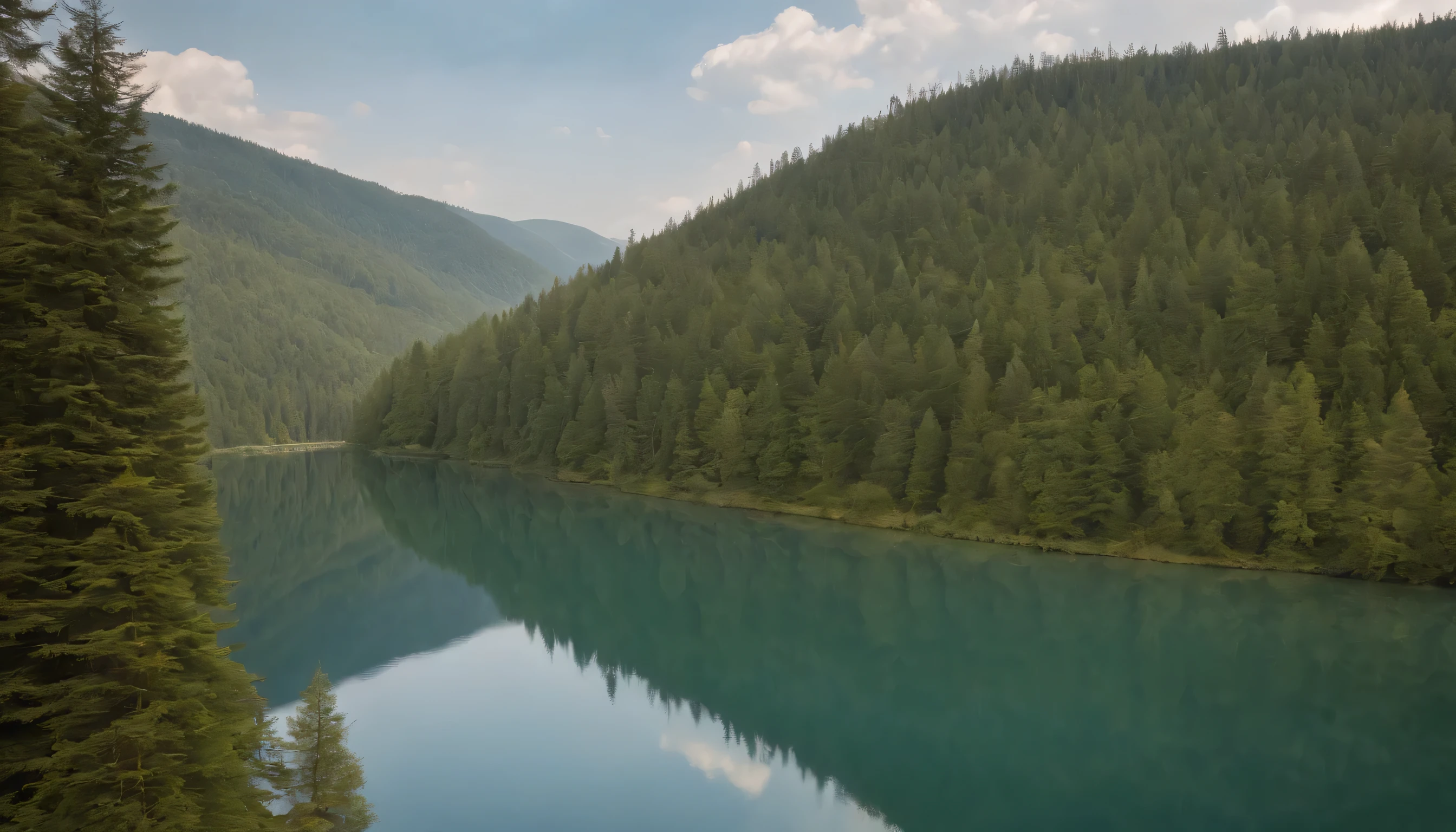 (Highly detailed CG Unity 8k wallpaper、masterpiece、highest quality、Super detailed)、(best lighting、best shadow、very delicate and beautiful)、highest quality、8k、Detailed facial depiction、masterpiece、highest quality、clear image quality、
green々Forest and trees々々Take pictures of the scenery spreading along the lake from the train window.。