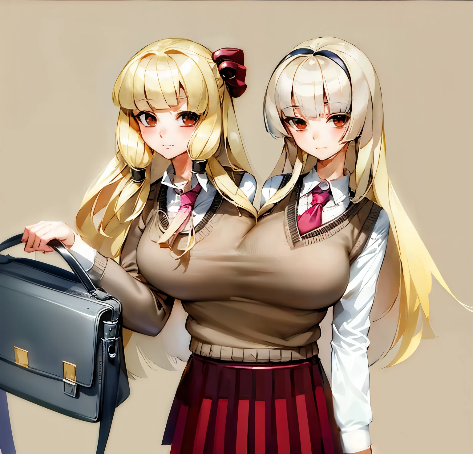 (Twoheads), a girl with two heads, different hair styles, there are two girls in school uniforms holding a briefcase, realistic , anime girls, style anime, ecchi anime style, in an anime style, hyperrealistic , anime art style, in anime style, high school girls, a hyperrealistic , realistic anime art style, two beautiful anime girls, beautiful anime art style, cute anime style