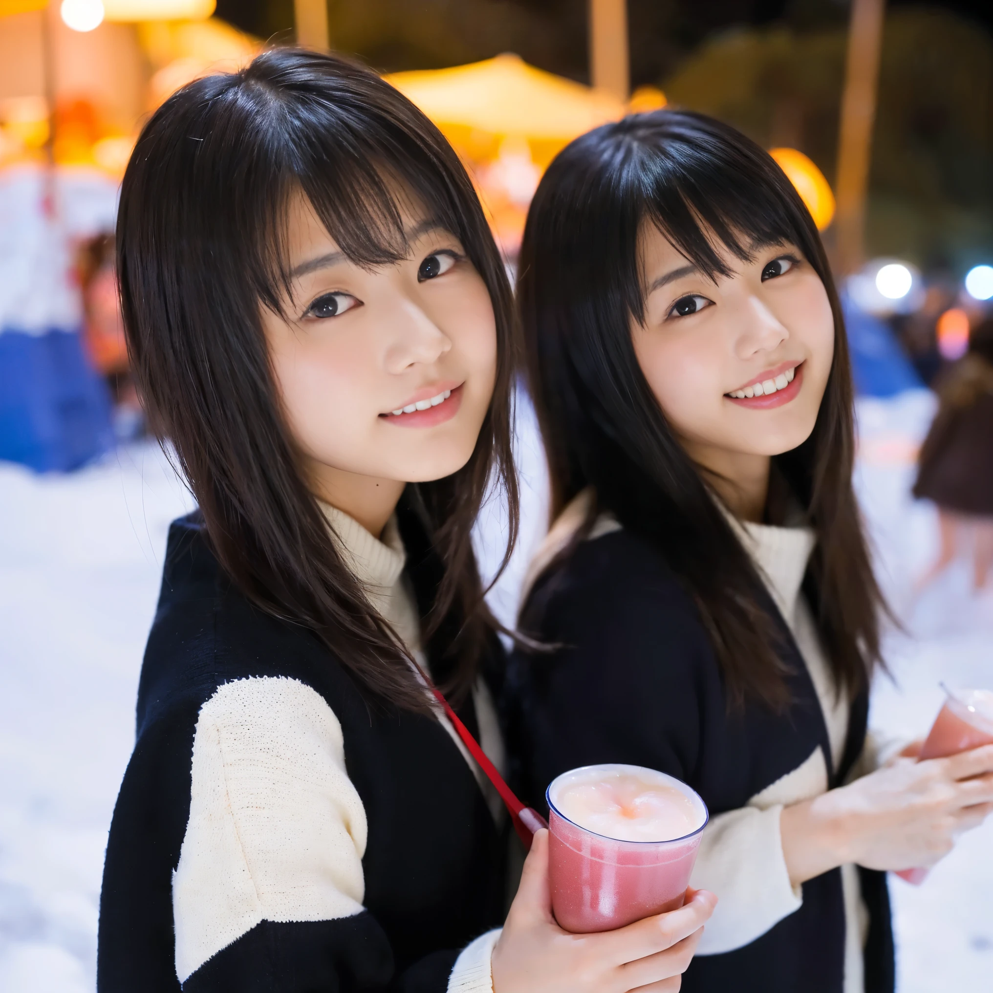 identical twin sisters、highest quality, masterpiece, ultra high resolution, (realistic:1.4), Raw photo, very detailed, perfect anatomy, 

In the middle of a beautiful full moon, 

Many young girls enjoying tent camping in snowy mountains, All members of popular Japanese idol groups, Detailed snowy mountains, 

((everyone color々I drink different types of alcohol, everyone is completely drunk)), 

(((So cute、Drunk face like the most famous Japanese idol, all very beautiful、Drunk eyes in very large black solid circles, Every detail is cute and drunk、She looks like the most famous Japanese idol, Beautiful very large black solid circle eyes with all details)))