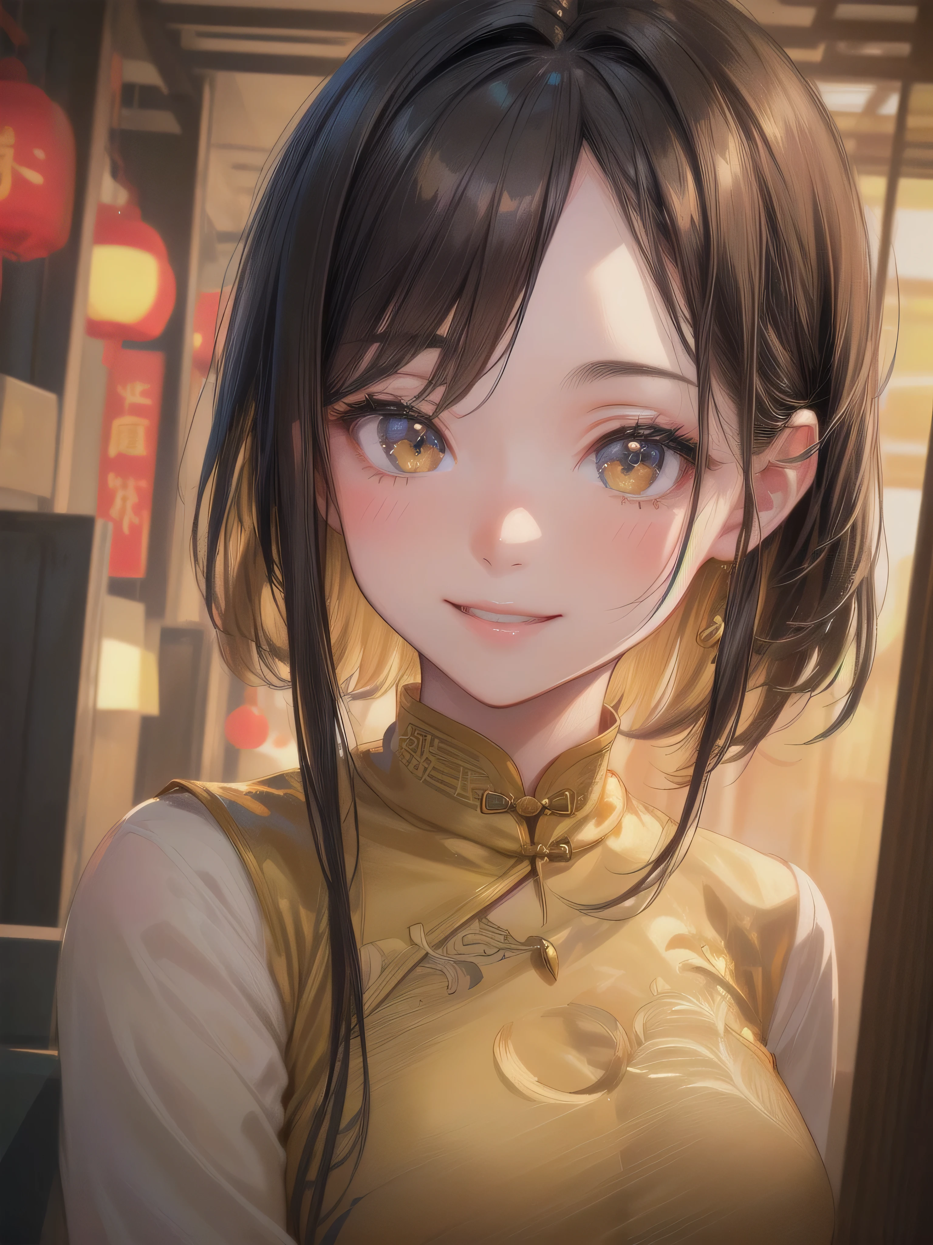 (HDR,8k, RAW portrait of a beautiful girl, highest quality, masterpiece:1.2), (Ultra-detailed illustrations:1.3),(realistic), (highly detailed skin:1.2), ultra high resolution,(Lenz 28mm), 1 girl,(23),(japanese girl),beautiful face,medium breasts,medium hair,(up style:1.4), (Chinese restaurant),(smile:1.2),(Golden Cheongsam:1.2),To him