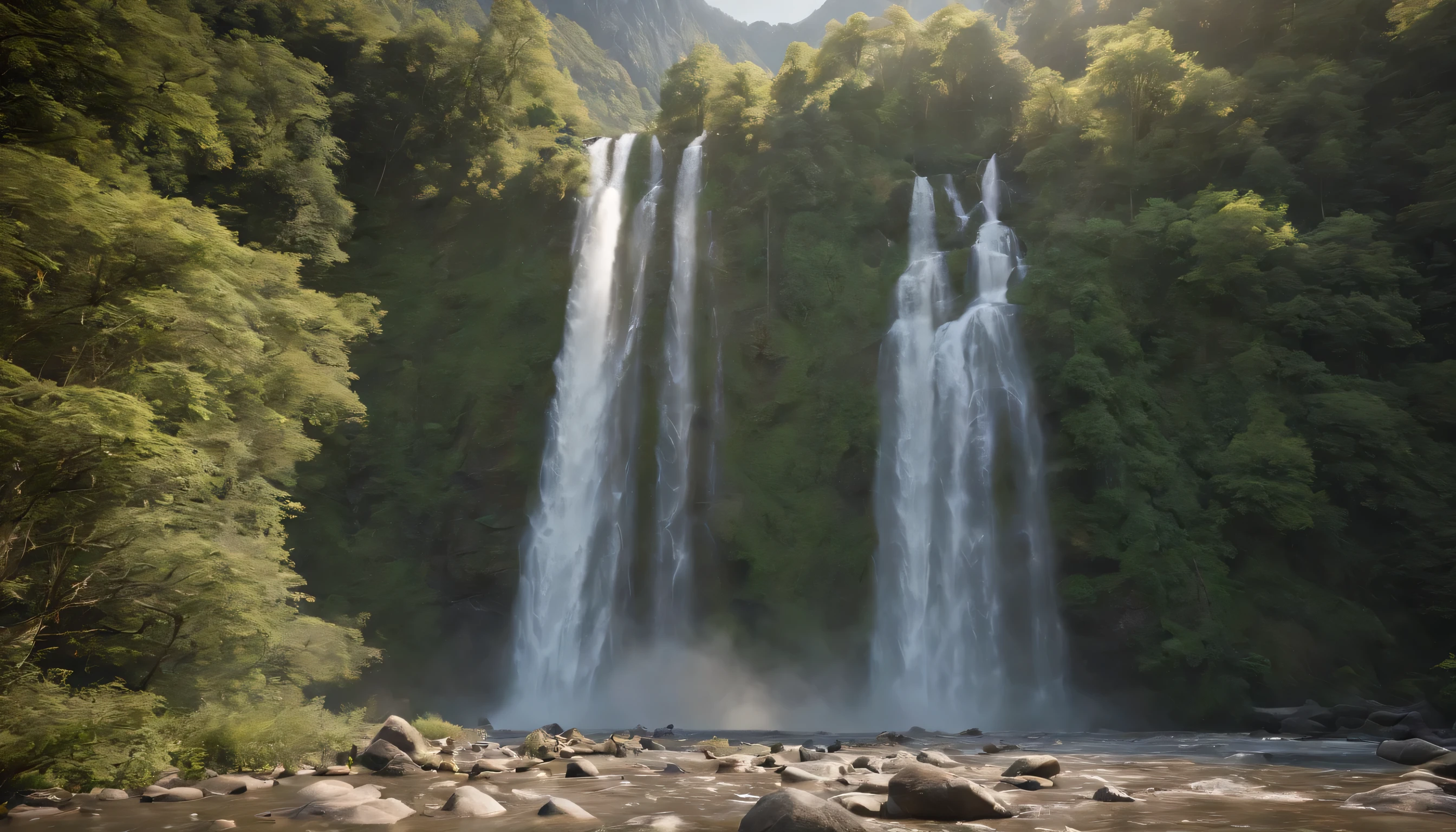 (Highly detailed CG Unity 8k wallpaper、masterpiece、highest quality、Super detailed)、(best lighting、best shadow、very delicate and beautiful)、highest quality、8k、Detailed facial depiction、masterpiece、highest quality、clear image quality、
Take pictures of the waterfall and clear stream flowing through the valley from the train window。