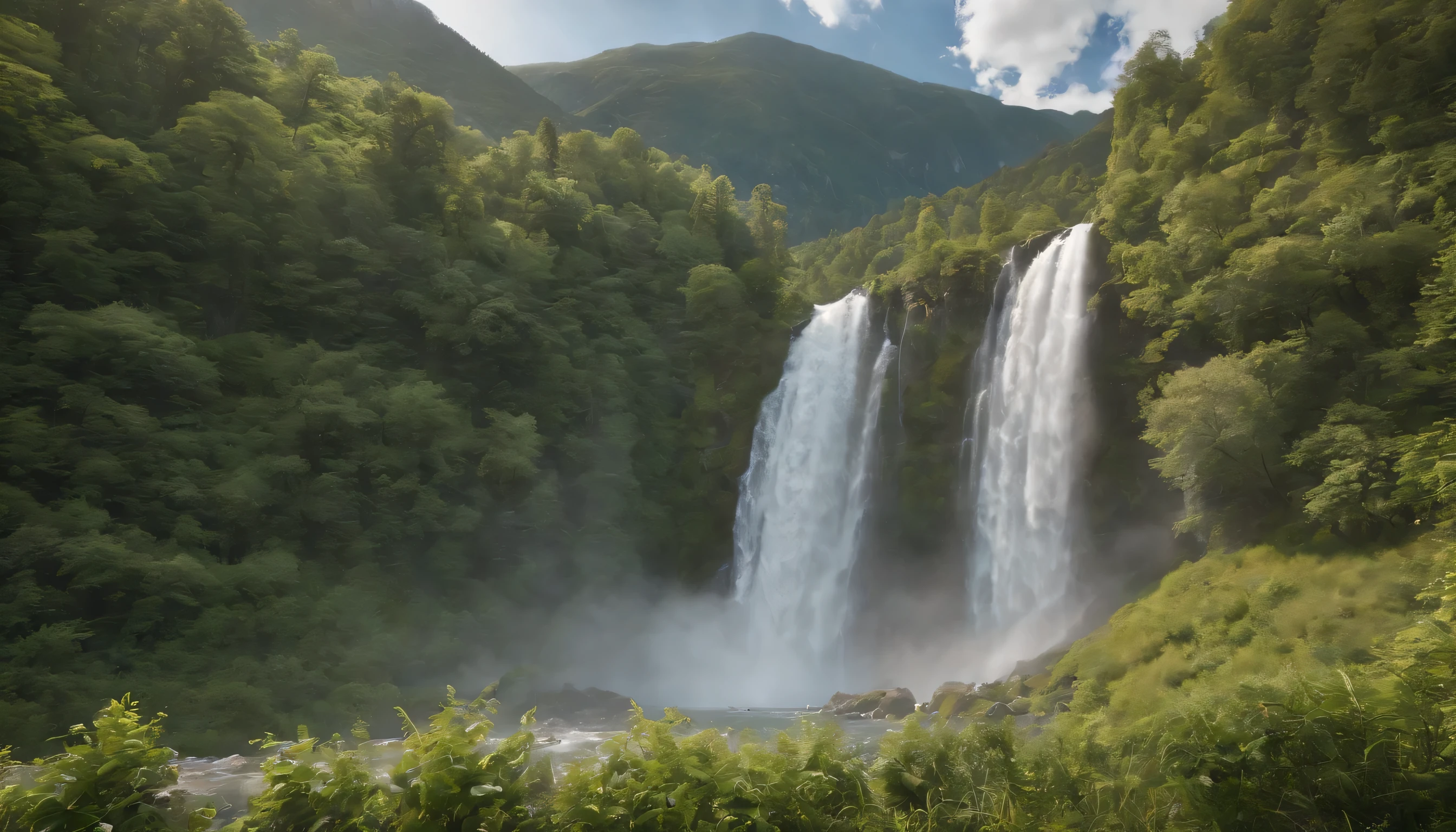 (Highly detailed CG Unity 8k wallpaper、masterpiece、highest quality、Super detailed)、(best lighting、best shadow、very delicate and beautiful)、highest quality、8k、Detailed facial depiction、masterpiece、highest quality、clear image quality、
Take pictures of the waterfall and clear stream flowing through the valley from the train window。