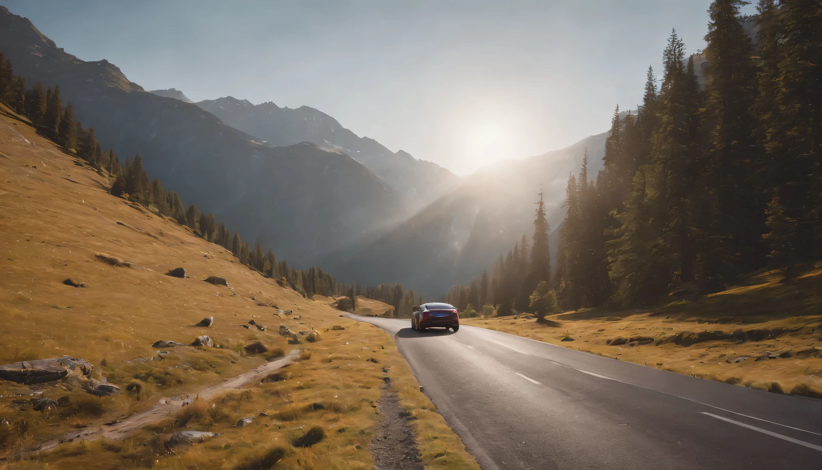 (Highly detailed CG Unity 8k wallpaper、masterpiece、highest quality、Super detailed)、(best lighting、best shadow、very delicate and beautiful)、highest quality、8k、Detailed facial depiction、masterpiece、highest quality、clear image quality、
Photo of a car driving on a mountain road or mountain pass。