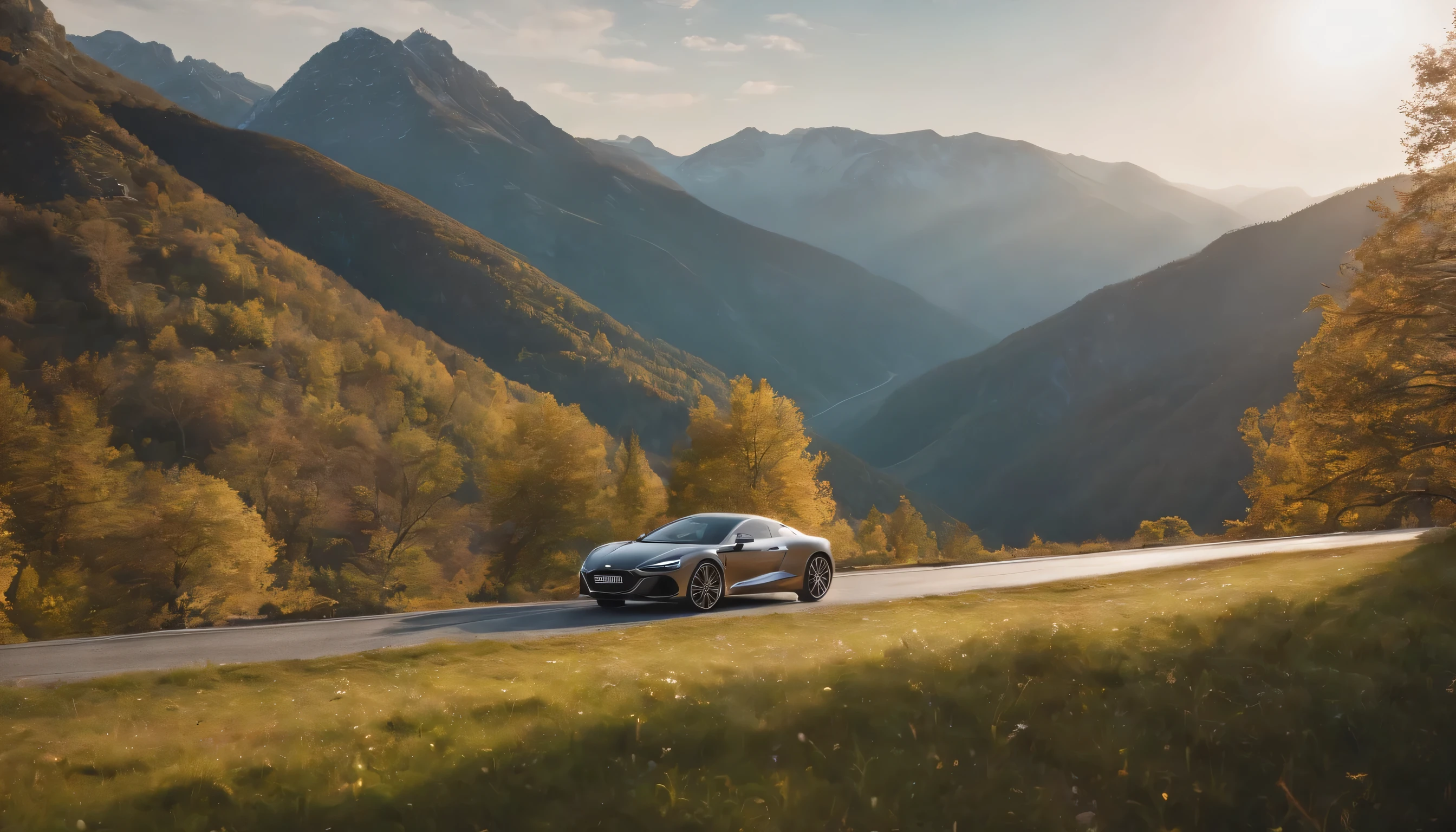 (Highly detailed CG Unity 8k wallpaper、masterpiece、highest quality、Super detailed)、(best lighting、best shadow、very delicate and beautiful)、highest quality、8k、Detailed facial depiction、masterpiece、highest quality、clear image quality、
Photo of a car driving on a mountain road or mountain pass。