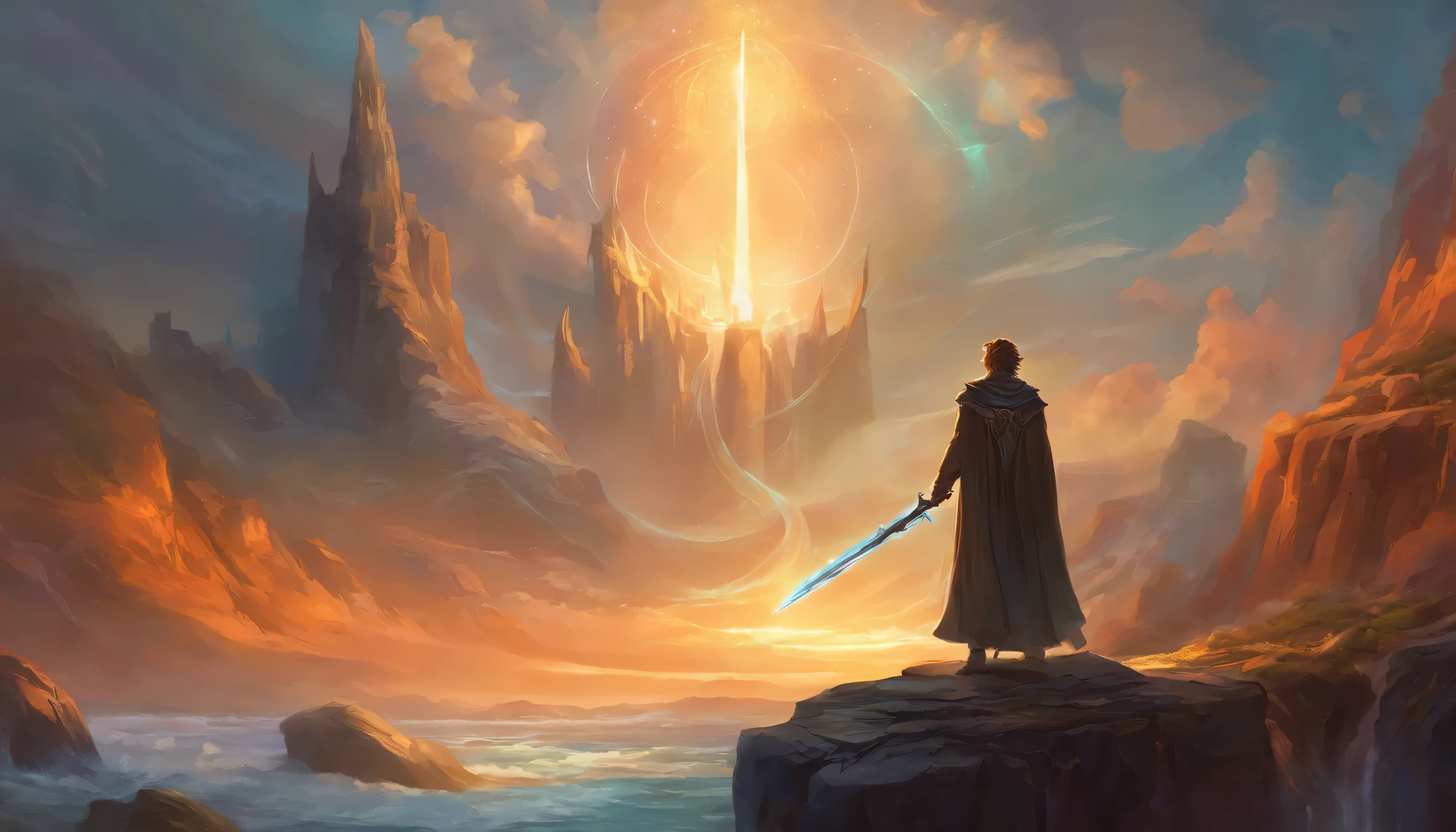 A man with a sword and a cloak stands on a rock in the sea, Concept art inspired by Noah Bradley, pixiv contest winners, fantasy art, sky witch, wizard, fantasy mage, beautiful wizard, spell casting wizard, young wizard, mage, an arcane wizard casting a spell, mages, light wizard, wind wizard, male wizard, wizard