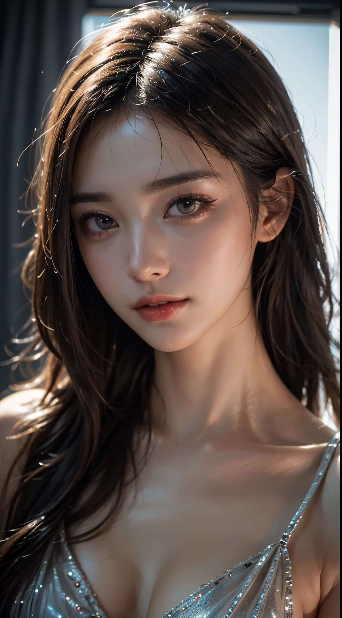 (8k, RAW photo, realistic: 1.25), (lip gloss, eyelash, shiny face, shiny skin, highest quality, ultra high resolution, Depth of the bounds written, chromatic aberration, caustics, wide lighting range, natural shading, K-POPアイドル) Stare at the viewer with the calm happiness of a goddess.,