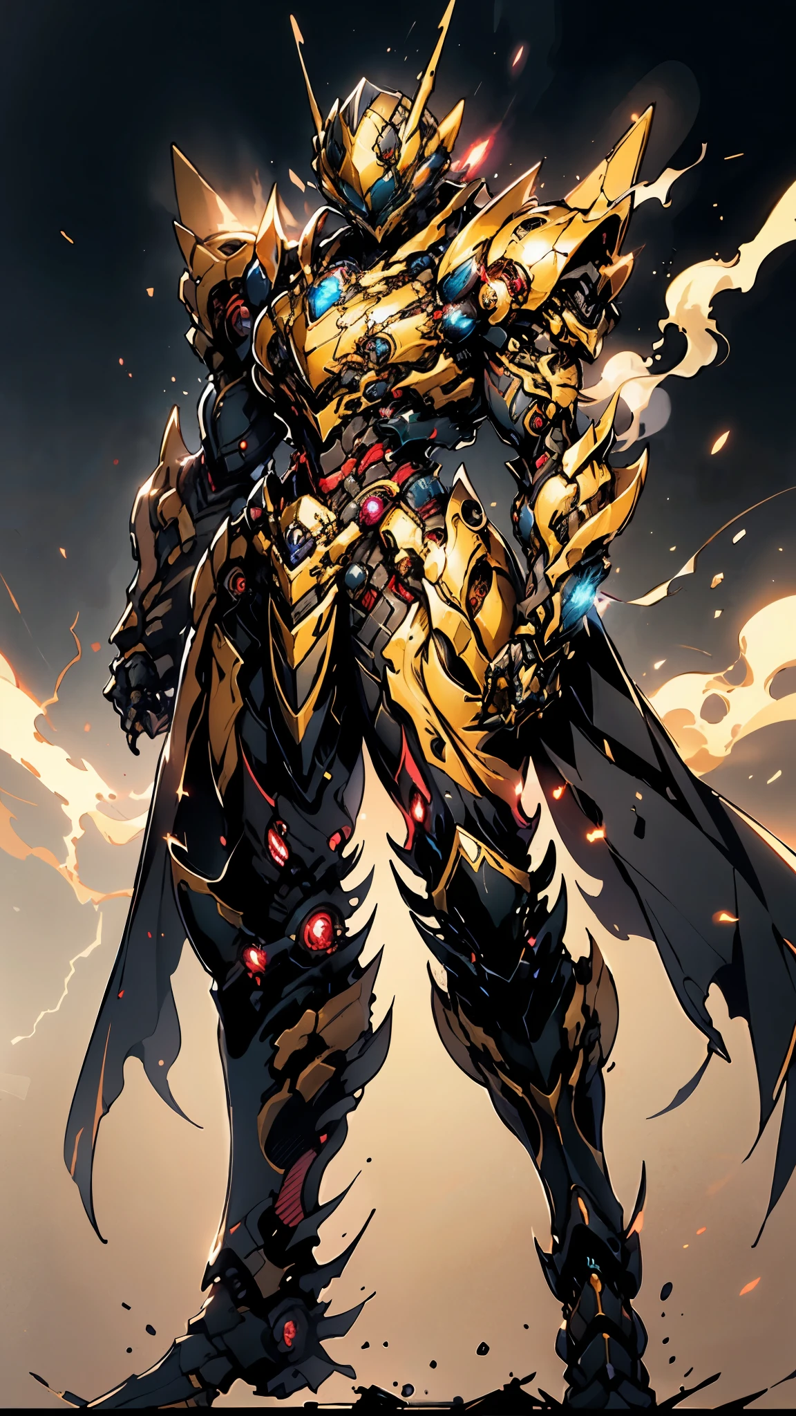 A woman adorned in fantasy-style full-body armor, a crown-concept fully enclosed helmet that unveils only her eyes, a composite layered chest plate, fully encompassing shoulder and hand guards, a lightweight waist armor, form-fitting shin guards, the overall design is heavy-duty yet flexible, ((the armor gleams with a golden glow, complemented by red and blue accents)), exhibiting a noble aura, she floats above a fantasy-surreal high-tech city, this character embodies a finely crafted fantasy-surreal style armored hero in anime style, exquisite and mature manga art style, (Queen bee mixed with Spider concept Armor, plasma, blood), ((Element, energy, elegant, goddess, femminine:1.5)), metallic, high definition, best quality, highres, ultra-detailed, ultra-fine painting, extremely delicate, professional, anatomically correct, symmetrical face, extremely detailed eyes and face, high quality eyes, creativity, RAW photo, UHD, 32k, Natural light, cinematic lighting, masterpiece-anatomy-perfect, masterpiece:1.5