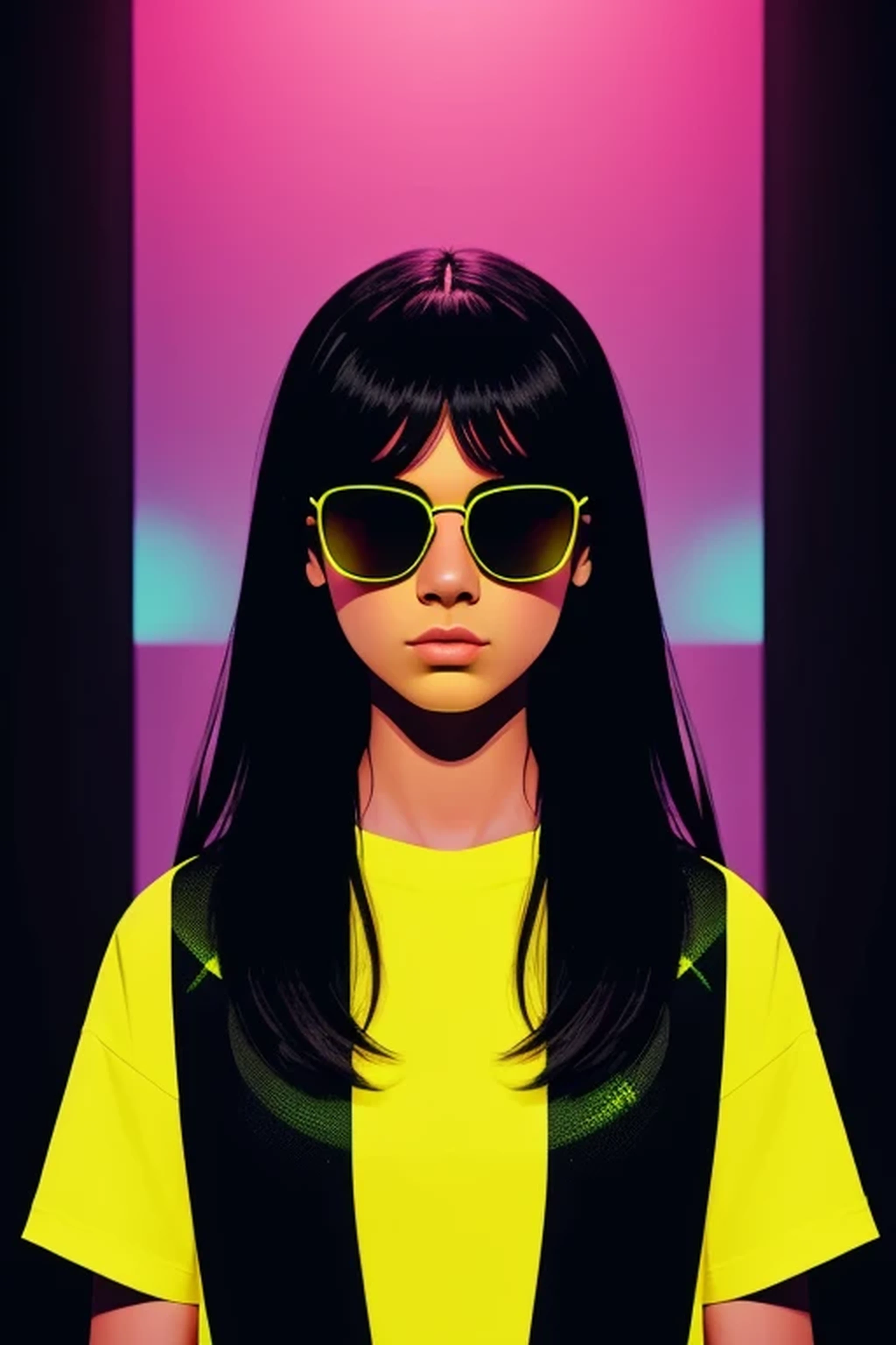distance from view, vector for t-shirt design, funky girl with sunglasses standing on the green and yellow panels behind, in the style of ethereal light effects, minimalistic portraits, dark black and pink, intense gaze, colorful installations, portraits with soft lighting, bold lines, vivid colors -