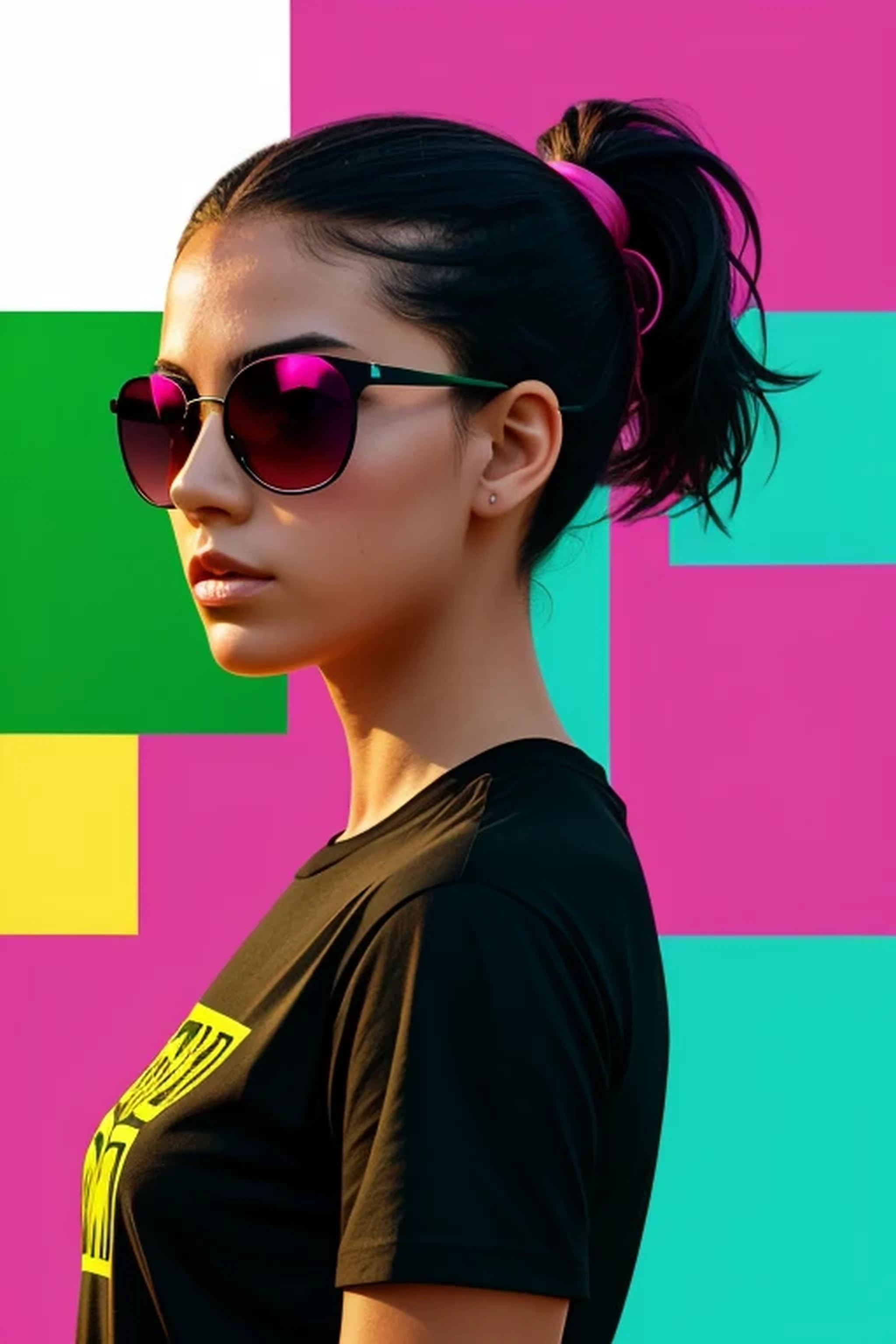 distance from view, vector for t-shirt design, back view funky girl with sunglasses standing on the green and yellow panels behind, in the style of ethereal light effects, minimalistic portraits, dark black and pink, intense gaze, colorful installations, portraits with soft lighting, bold lines, vivid colors -