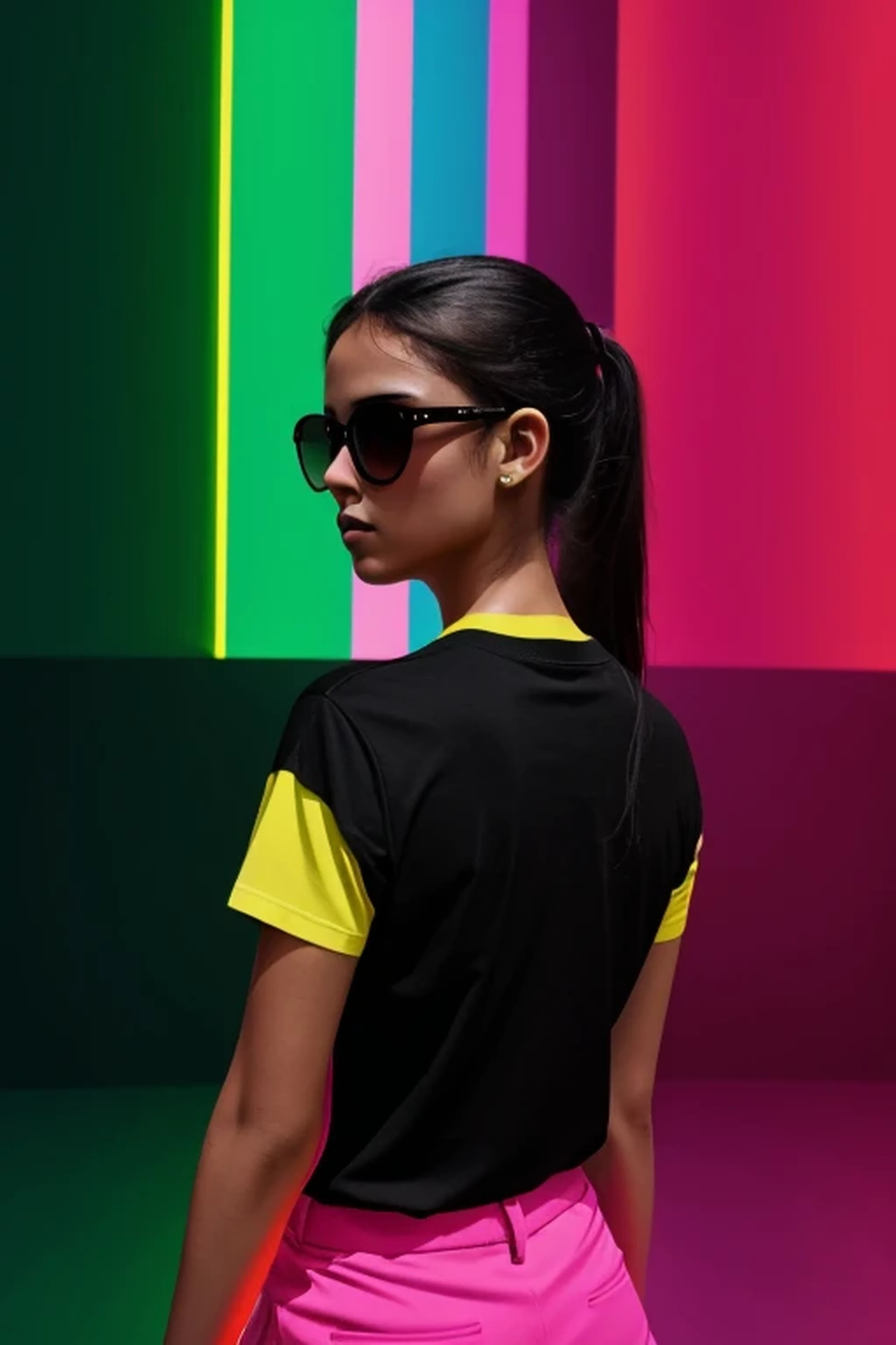 distance from view, vector for t-shirt design, back view funky girl with sunglasses standing on the green and yellow panels behind, in the style of ethereal light effects, minimalistic portraits, dark black and pink, intense gaze, colorful installations, portraits with soft lighting, bold lines, vivid colors -