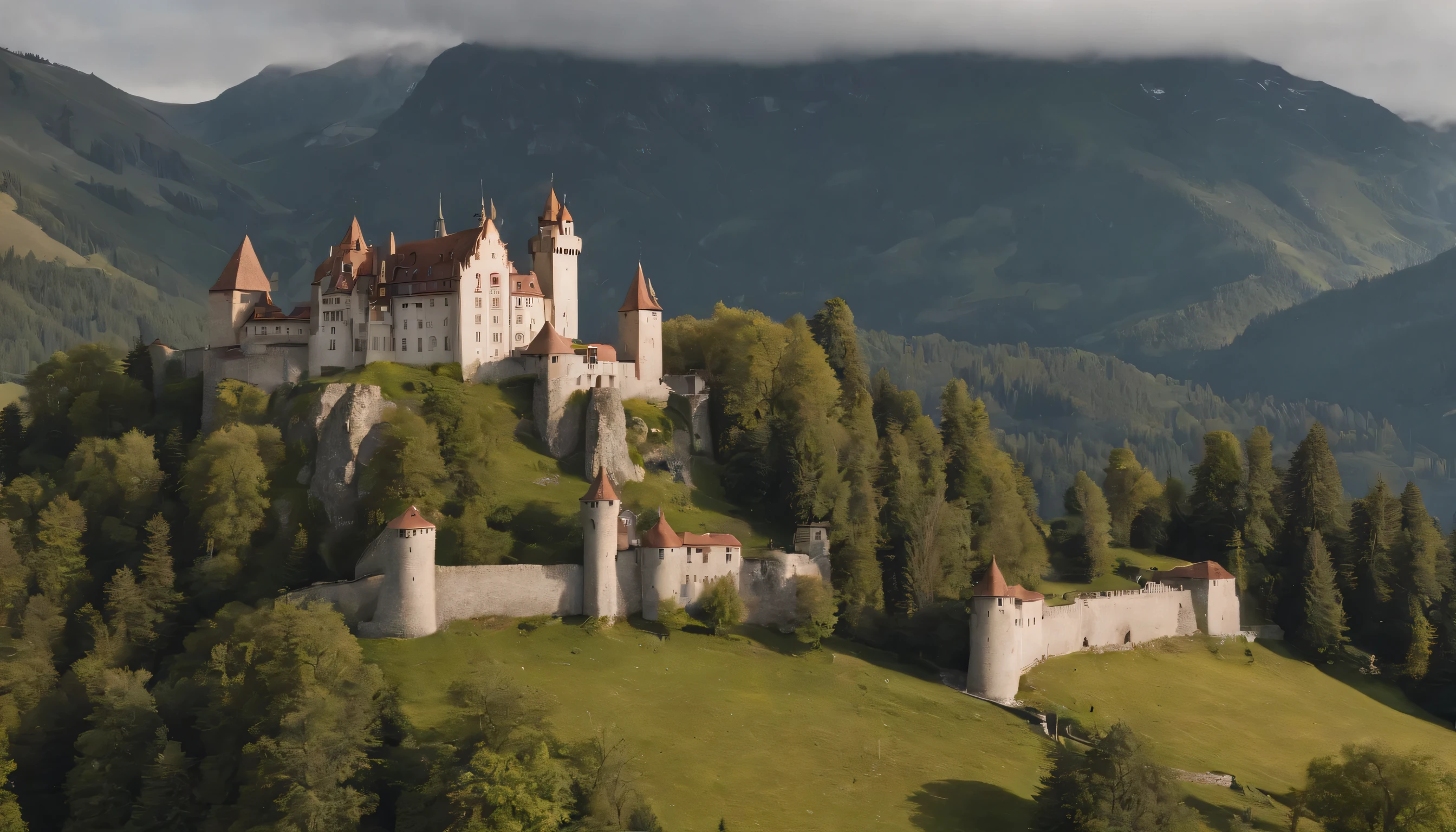 (Highly detailed CG Unity 8k wallpaper、masterpiece、highest quality、Super detailed)、(best lighting、best shadow、very delicate and beautiful)、highest quality、8k、Detailed facial depiction、masterpiece、highest quality、clear image quality、
A photo showing the scenery of old Swiss castles and historical buildings nestled in the mountains。