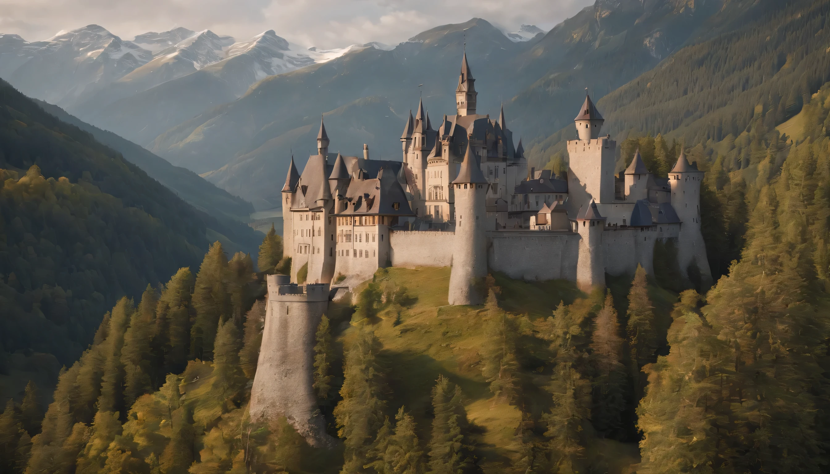 (Highly detailed CG Unity 8k wallpaper、masterpiece、highest quality、Super detailed)、(best lighting、best shadow、very delicate and beautiful)、highest quality、8k、Detailed facial depiction、masterpiece、highest quality、clear image quality、
A photo showing the scenery of old Swiss castles and historical buildings nestled in the mountains。