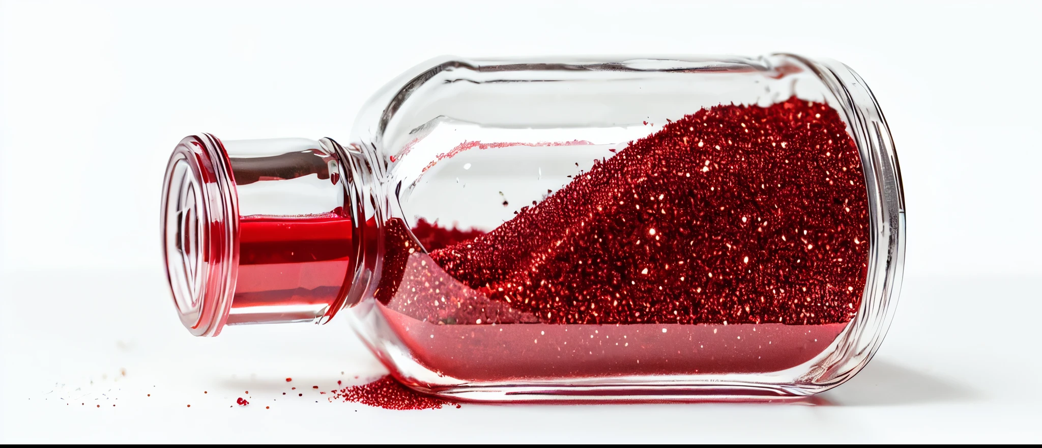 glitter in a tiny jar, a transparent bottle filled with red glitter that spills out of it. there is a red substance in a glass jar on a white surface, red liquid, red fluid, red!! sand, Health potion, shine, strange red particles, metallic red, A galaxy in a bottle, shine gif, red sand, glowing red, red ink sharp focus, red gems scattered like dust, Close-up photo of the product, red ink, red dust