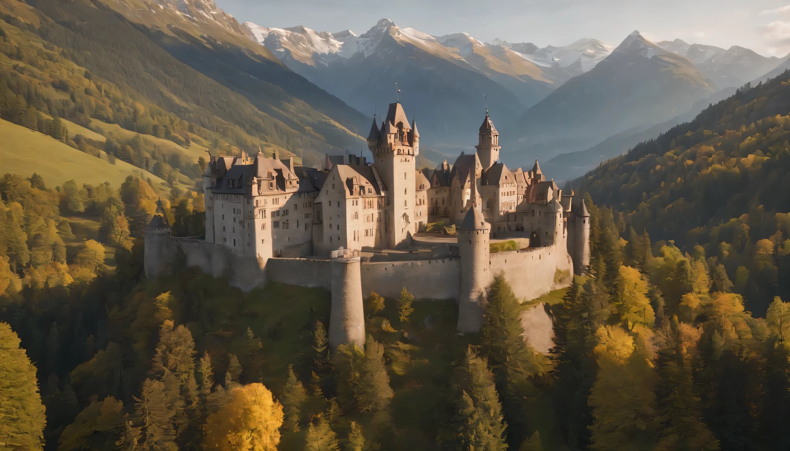 (Highly detailed CG Unity 8k wallpaper、masterpiece、highest quality、Super detailed)、(best lighting、best shadow、very delicate and beautiful)、highest quality、8k、Detailed facial depiction、masterpiece、highest quality、clear image quality、
A photo showing the scenery of old Swiss castles and historical buildings nestled in the mountains。