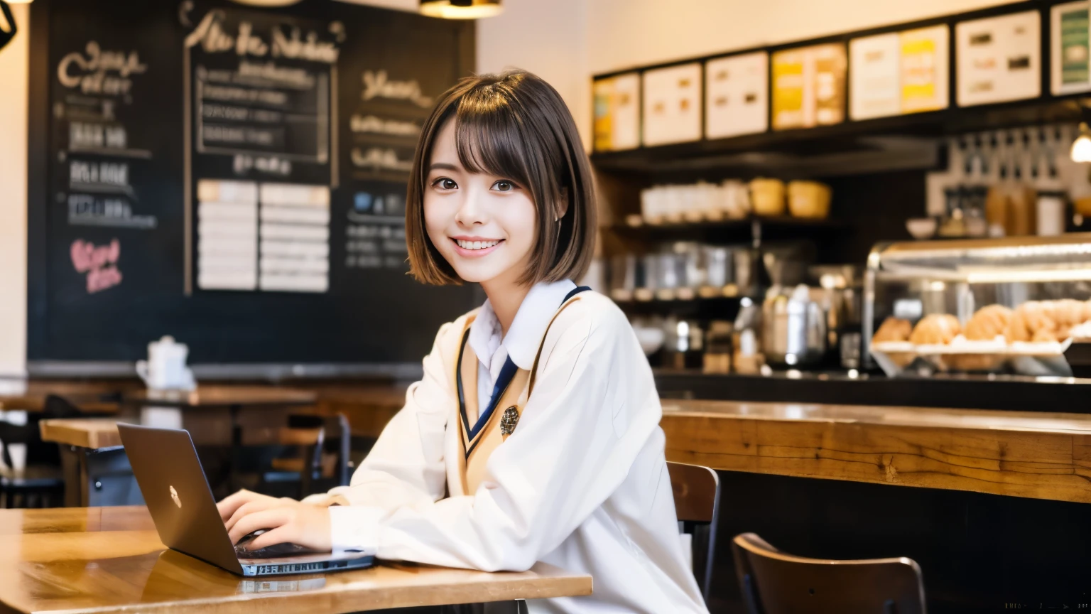 ((最high quality, 8k, masterpiece: 1.3)), perfect face,Inside a bright and lively cafe in New York、Draws a scene where a beautiful model-like woman is studying on a laptop.,All around you, you can see other customers enjoying their time.。At the back of the cafe、The staff are busy working at the counter.、You can feel the liveliness and warmth typical of urban cafes., sharp focus, 1 girl, slim beauty: 1.2, brown hair, With bangs, (layered short hair), (big: 1.5), fine eyes, Beautiful eyes with long slits, double eyelid, (cat face), (cute Face), cute Smile, (close your mouth), (cute), soft skin, Show the whole body, surreal, super detailed, high quality, (Beautiful female college student with short hair studying in a cafe), ((詳細な非常にcute女子大生), ((big胸 that can be seen even from the top of the uniform))