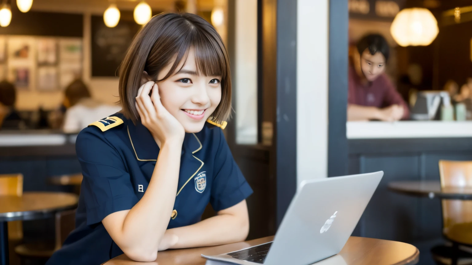 ((最high quality, 8k, masterpiece: 1.3)), perfect face,Inside a bright and lively cafe in New York、Draws a scene where a beautiful model-like woman is studying on a laptop.,All around you, you can see other customers enjoying their time.。At the back of the cafe、The staff are busy working at the counter.、You can feel the liveliness and warmth typical of urban cafes., sharp focus, 1 girl, slim beauty: 1.2, brown hair, With bangs, (layered short hair), (big: 1.5), fine eyes, Beautiful eyes with long slits, double eyelid, (cat face), (cute Face), cute Smile, (close your mouth), (cute), soft skin, Show the whole body, surreal, super detailed, high quality, (Beautiful female college student with short hair studying in a cafe), ((詳細な非常にcute女子大生), ((big胸 that can be seen even from the top of the uniform))