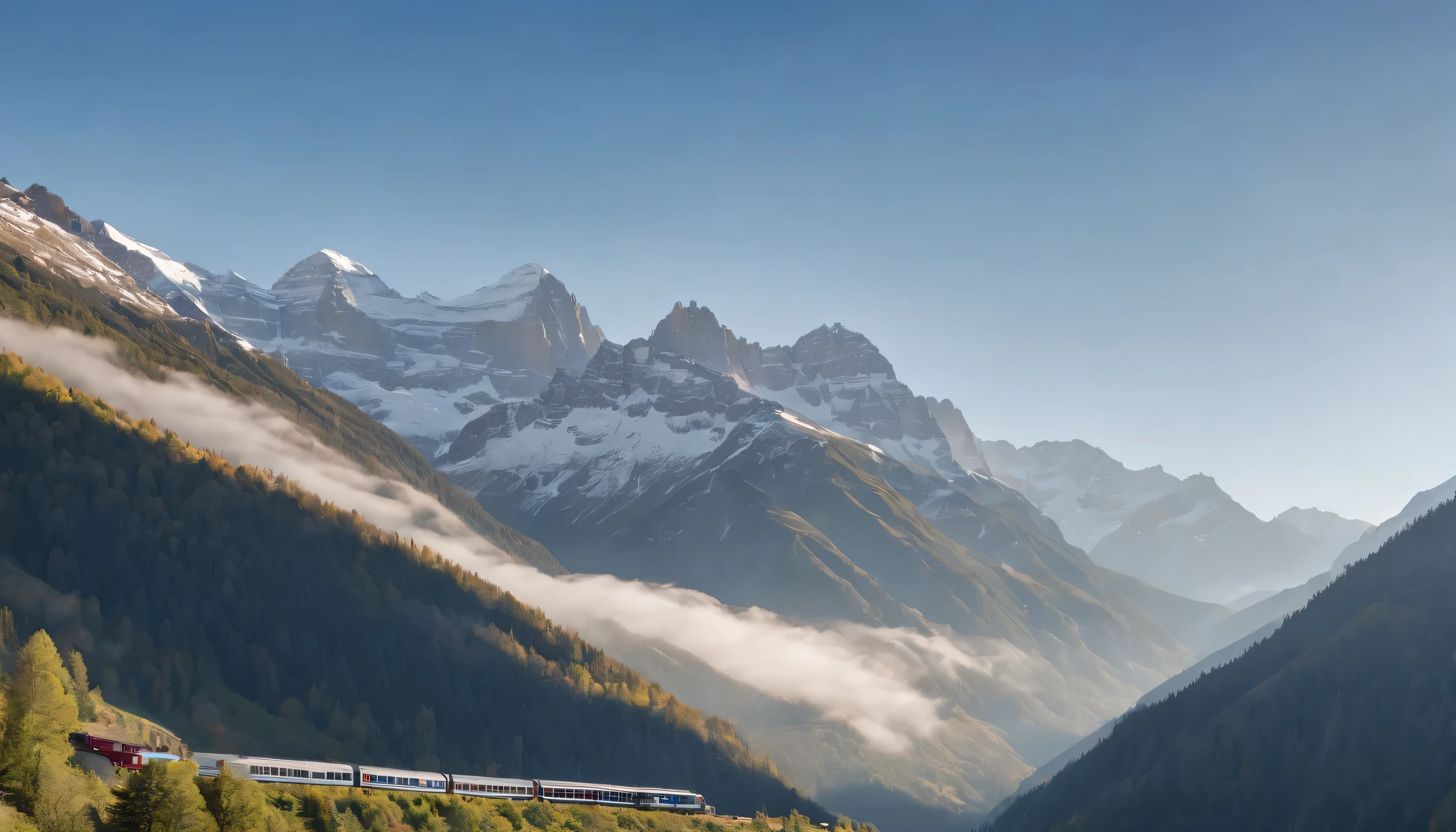 (Highly detailed CG Unity 8k wallpaper、masterpiece、highest quality、Super detailed)、(best lighting、best shadow、very delicate and beautiful)、highest quality、8k、Detailed facial depiction、masterpiece、highest quality、clear image quality、
A photo taken from the window of a train heading towards a high peak in the Alps..。