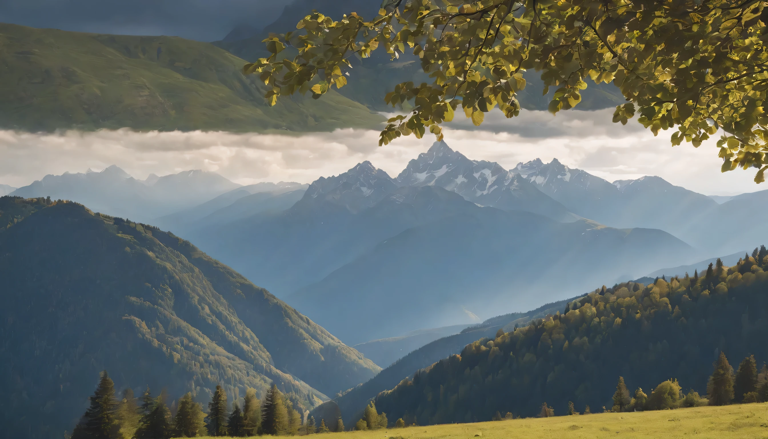 (Highly detailed CG Unity 8k wallpaper、masterpiece、highest quality、Super detailed)、(best lighting、best shadow、very delicate and beautiful)、highest quality、8k、Detailed  depiction、masterpiece、highest quality、clear image quality、
A photo taken from the window of a train heading towards a high peak in the Alps..。