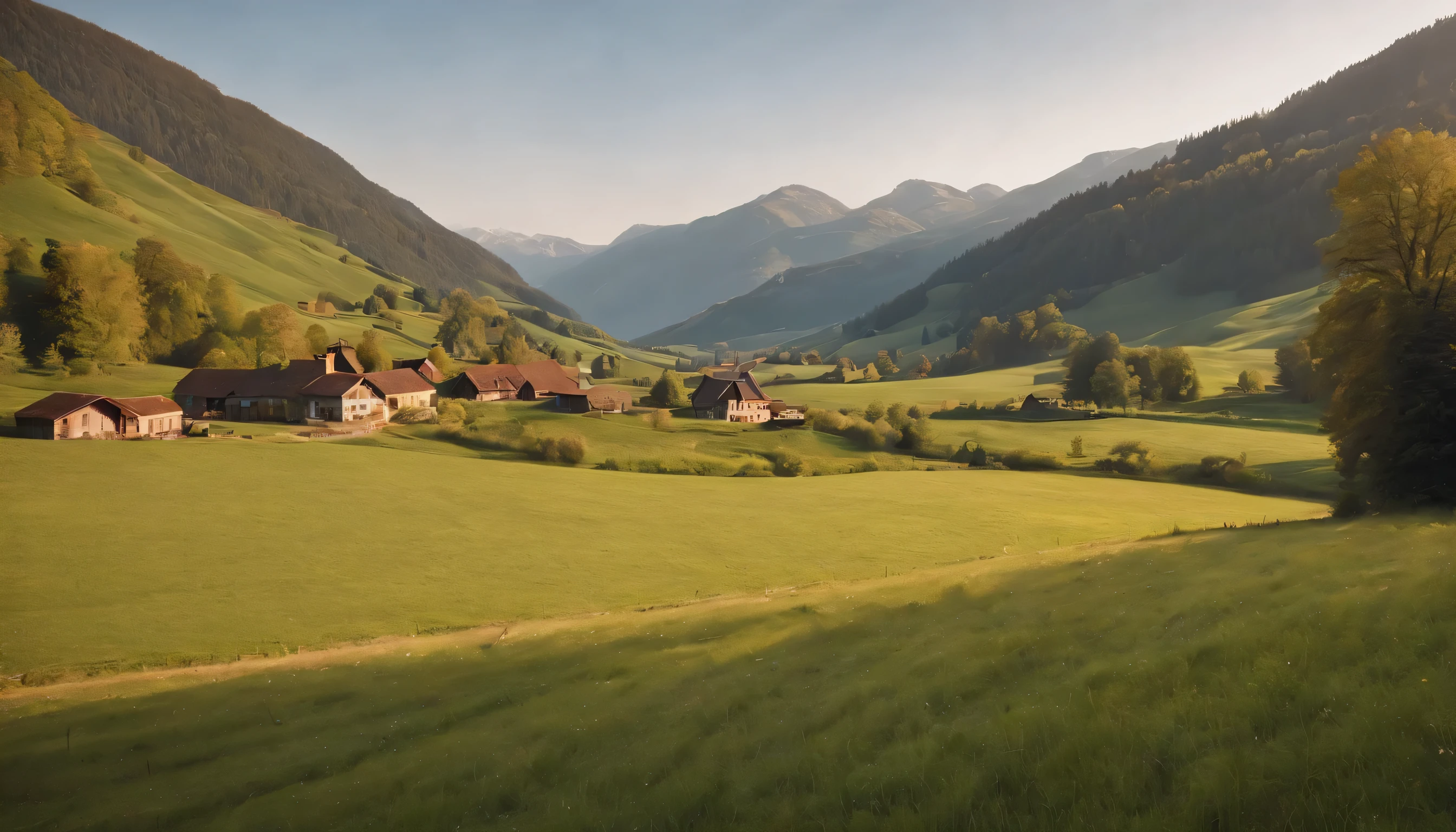 (Highly detailed CG Unity 8k wallpaper、masterpiece、highest quality、Super detailed)、(best lighting、best shadow、very delicate and beautiful)、highest quality、8k、Detailed facial depiction、masterpiece、highest quality、clear image quality、
Photo of a hilly landscape of Swiss ranches and farmland seen from the car window.。