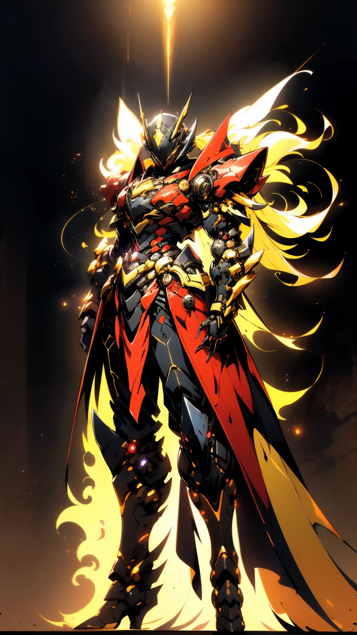 A woman adorned in fantasy-style full-body armor, a crown-concept fully enclosed helmet that unveils only her eyes, a composite layered chest plate, fully encompassing shoulder and hand guards, a lightweight waist armor, form-fitting shin guards, the overall design is heavy-duty yet flexible, ((the armor gleams with a golden glow, complemented by red and blue accents)), exhibiting a noble aura, she floats above a fantasy-surreal high-tech city, this character embodies a finely crafted fantasy-surreal style armored hero in anime style, exquisite and mature manga art style, (Queen bee mixed with Spider concept Armor, plasma, blood), ((Element, energy, elegant, goddess, femminine:1.5)), metallic, high definition, best quality, highres, ultra-detailed, ultra-fine painting, extremely delicate, professional, anatomically correct, symmetrical face, extremely detailed eyes and face, high quality eyes, creativity, RAW photo, UHD, 32k, Natural light, cinematic lighting, masterpiece-anatomy-perfect, masterpiece:1.5