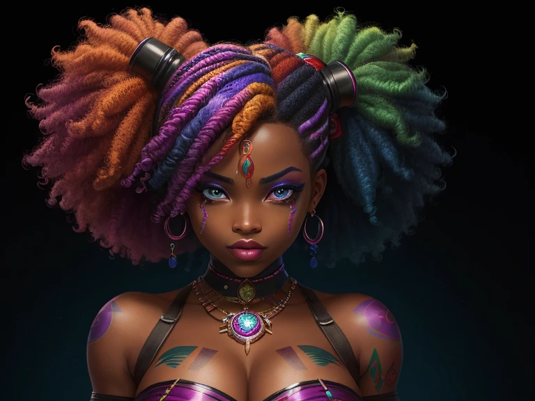 Image Description: Harley Quinn, a African Character with Vibrant Energy

1. Harley Quinn, an African woman, graces the frame with dark, radiant skin, her features accentuating the rich cultural heritage of the diverse African continent.
2. Her naturally curly hair, a halo of vivid colors, cascades down her back in intricate, defined curls, showcasing the unique beauty of various Afro hairstyles.
3. Vibrant hues of blue, pink, green, and purple are intertwined in her hair, harmoniously complementing her dark complexion and amplifying her electrifying character.
4. Clad in a customized Harley