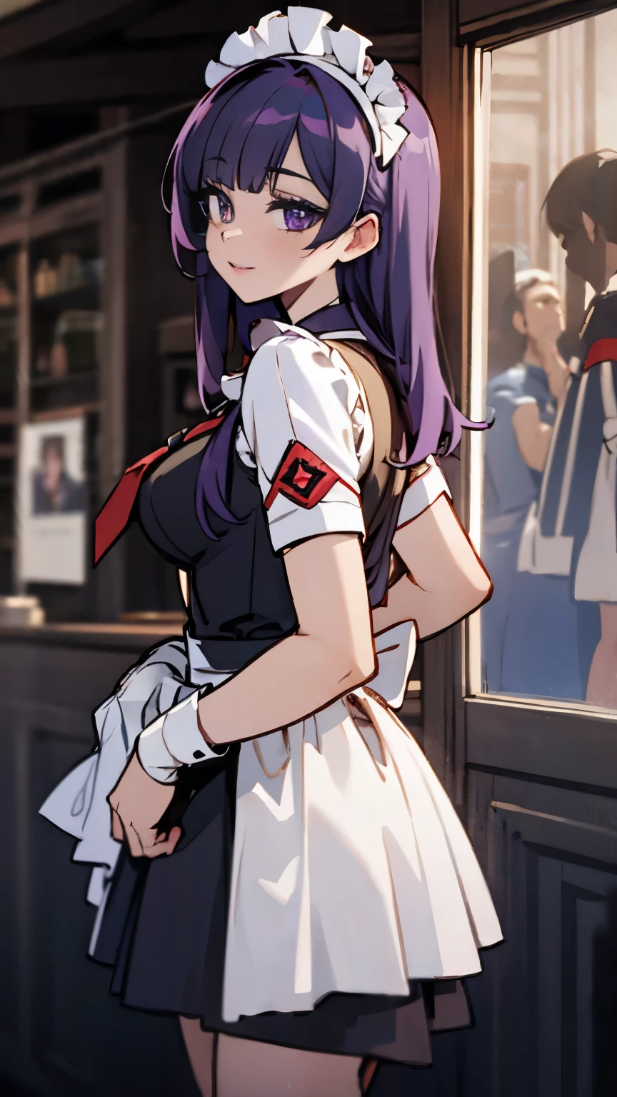 long purple hair,purple eyes,maid outfit,poster,8k resolution