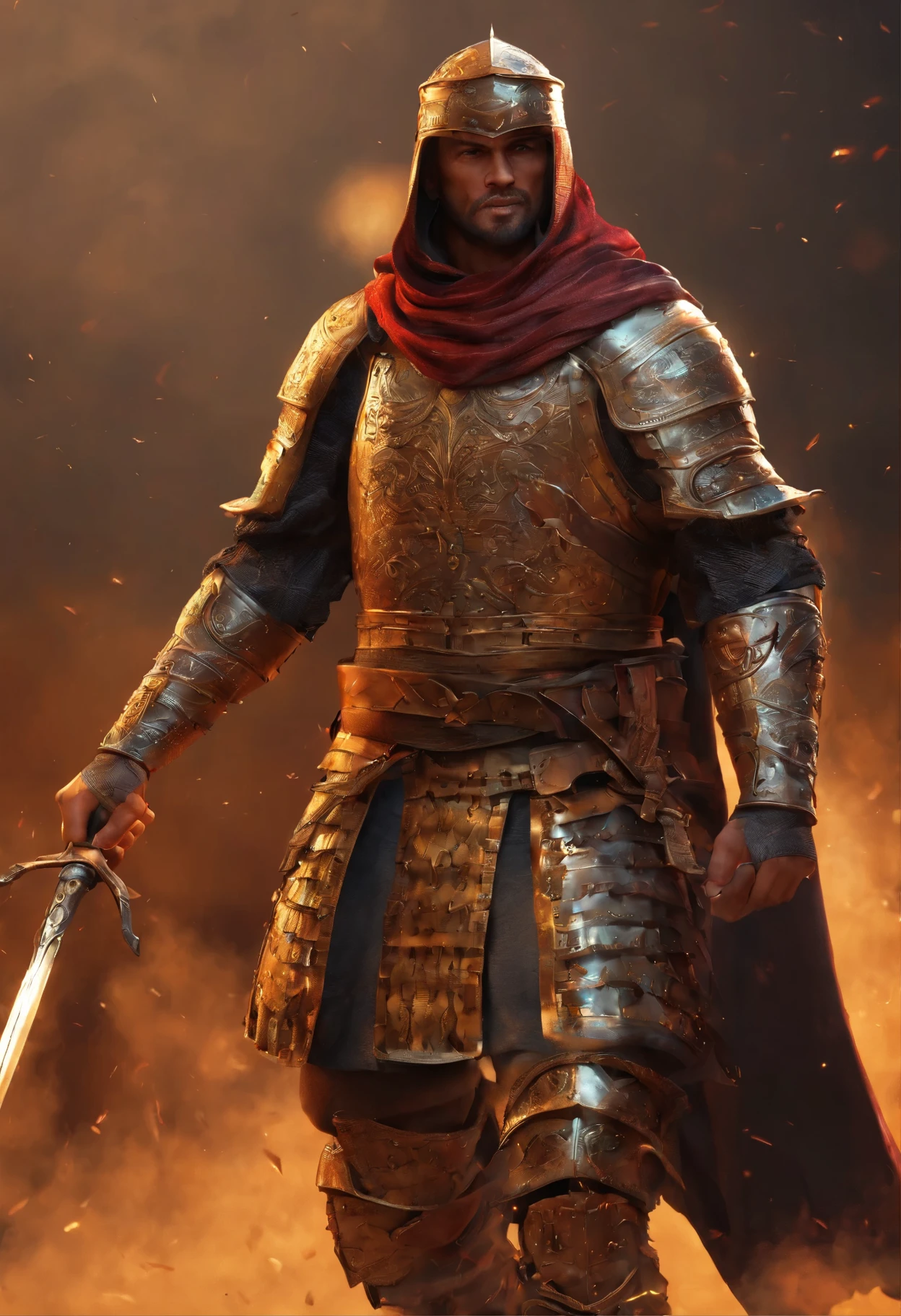 Hombre con armadura de bronce, de rodillas, espada de acero clavada en el suelo, sol ardiendo, desierto, exercises fighting back with swords.