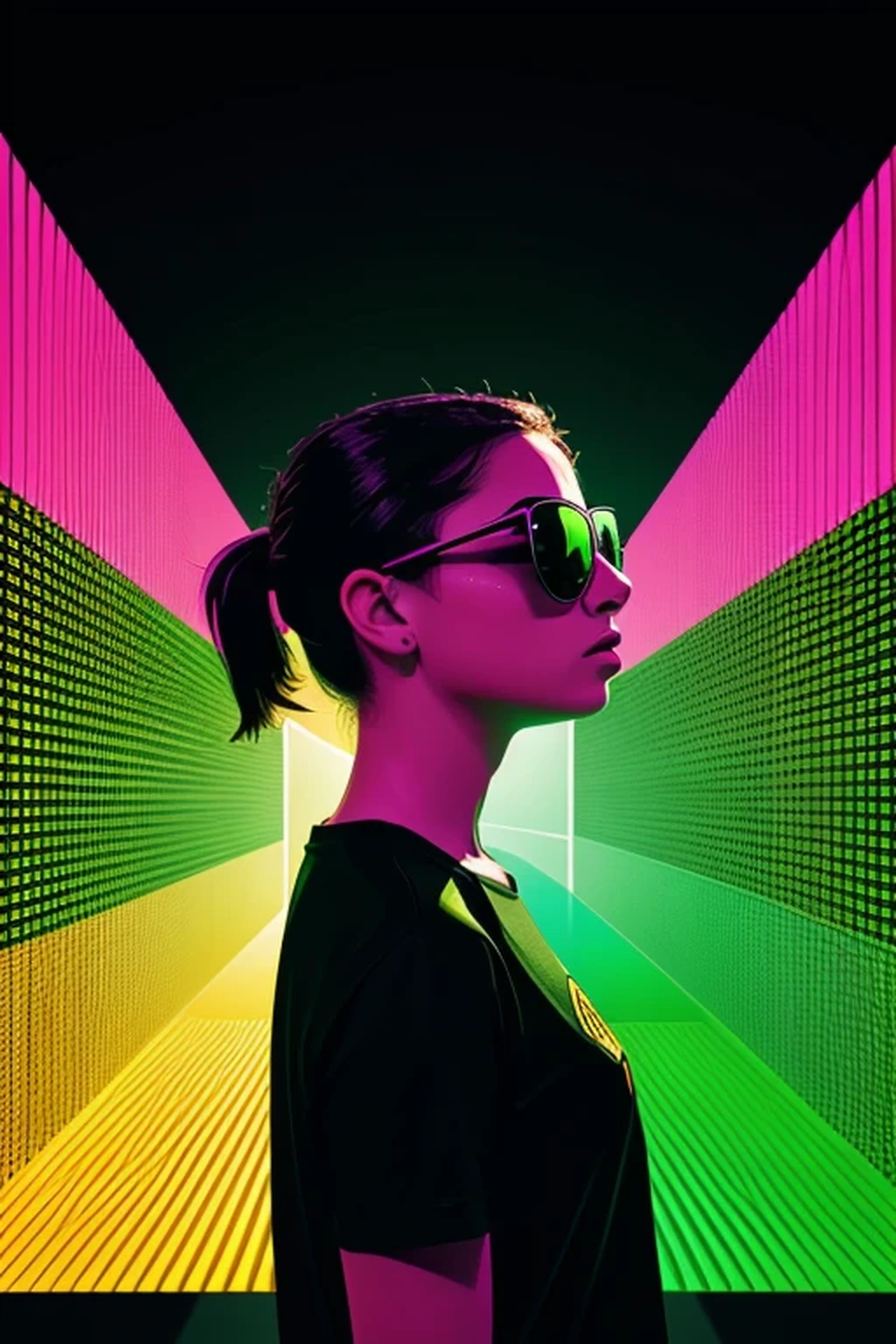 distance from view, vector for t-shirt design, back view funky girl wit? sunglasses standing on the green and yellow panels behind, in the style of ethereal light effects, minimalistic portraits, dark black and pink, intense gaze, colorful installations, portraits with soft lighting, bold lines, vivid colors -