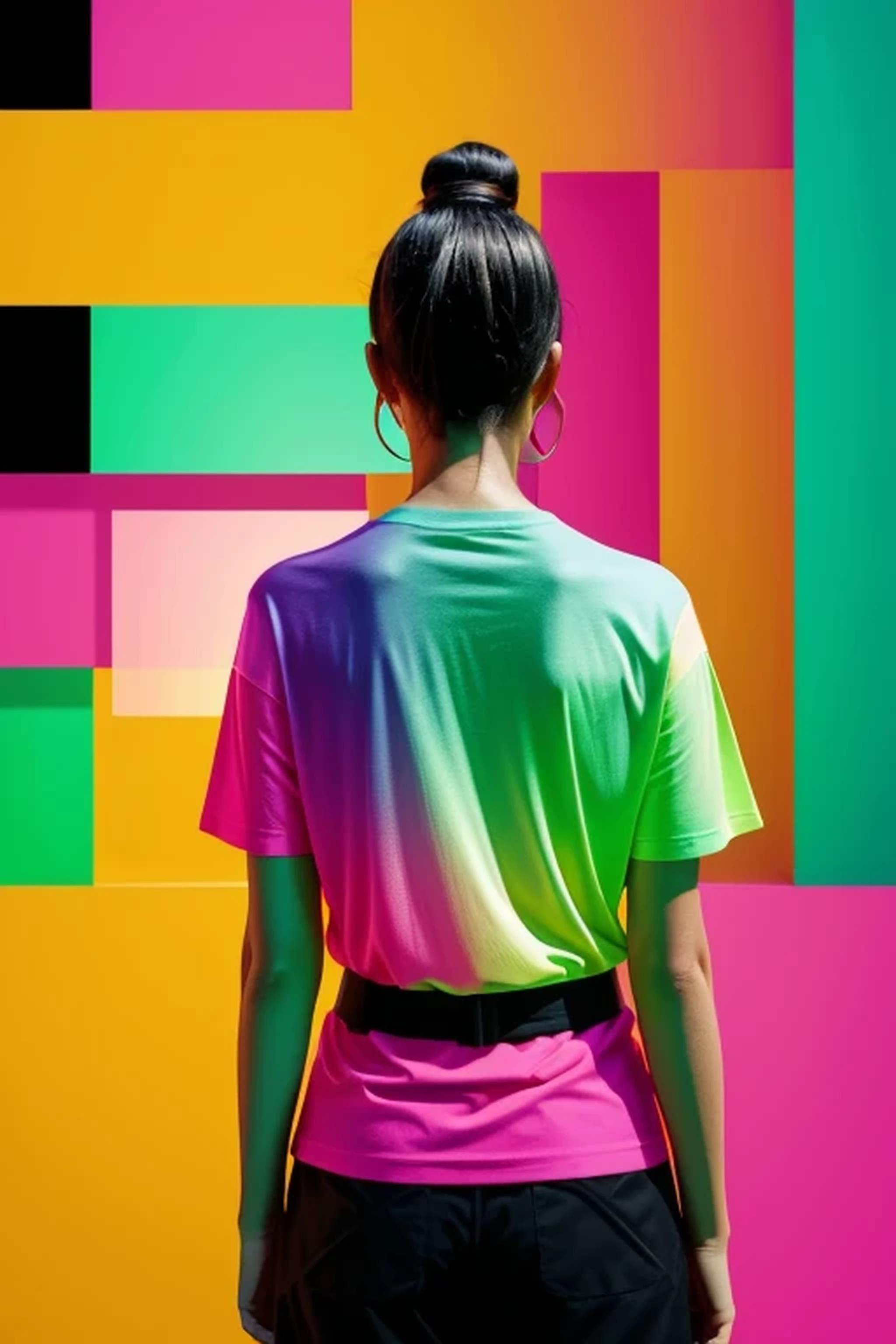 distance from view, vector for t-shirt design, back view funky girl with sunglasses standing on the green and yellow panels behind, in the style of ethereal light effects, minimalistic portraits, dark black and pink, intense gaze, colorful installations, portraits with soft lighting, bold lines, vivid colors -