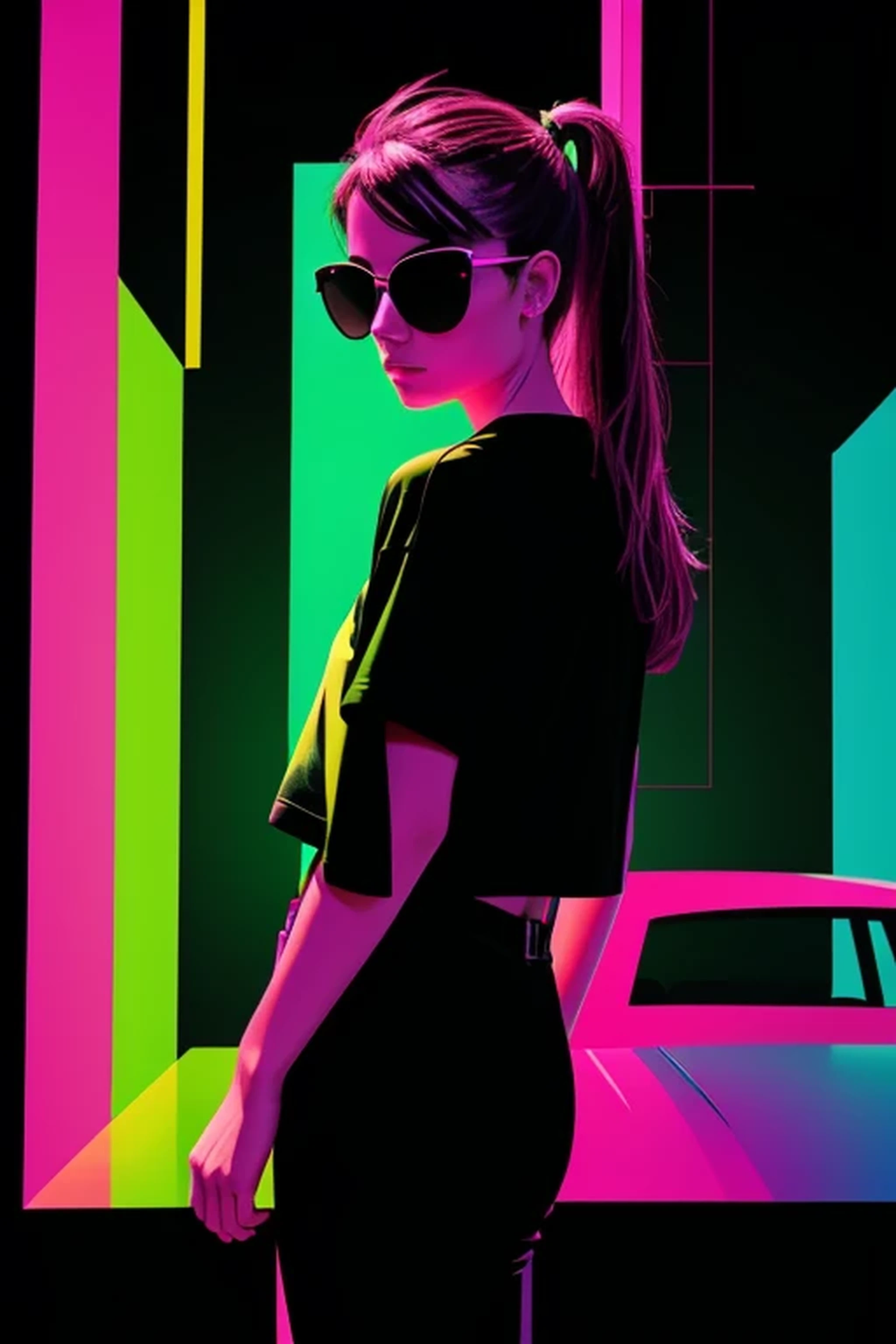 distance from view, vector for t-shirt design, back view funky girl with sunglasses standing on the green and yellow panels behind, in the style of ethereal light effects, minimalistic portraits, dark black and pink, intense gaze, colorful installations, portraits with soft lighting, bold lines, vivid colors -