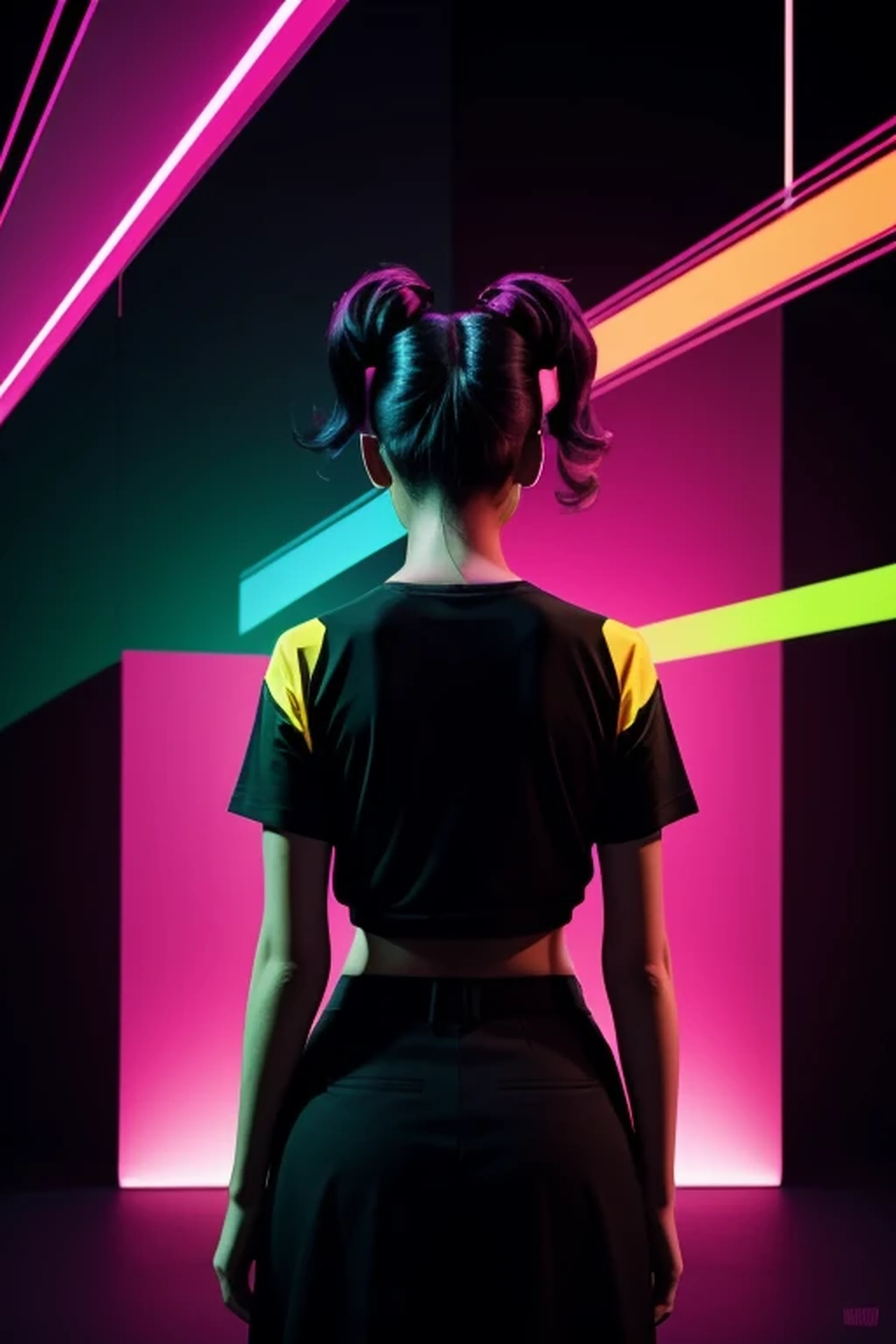 distance from view, vector for t-shirt design, back view funky girl blon de hair two tails standing on the green and yellow panels behind, in the style of ethereal light effects, minimalistic portraits, dark black and pink, intense gaze, colorful installations, portraits with soft lighting, bold lines, vivid colors -