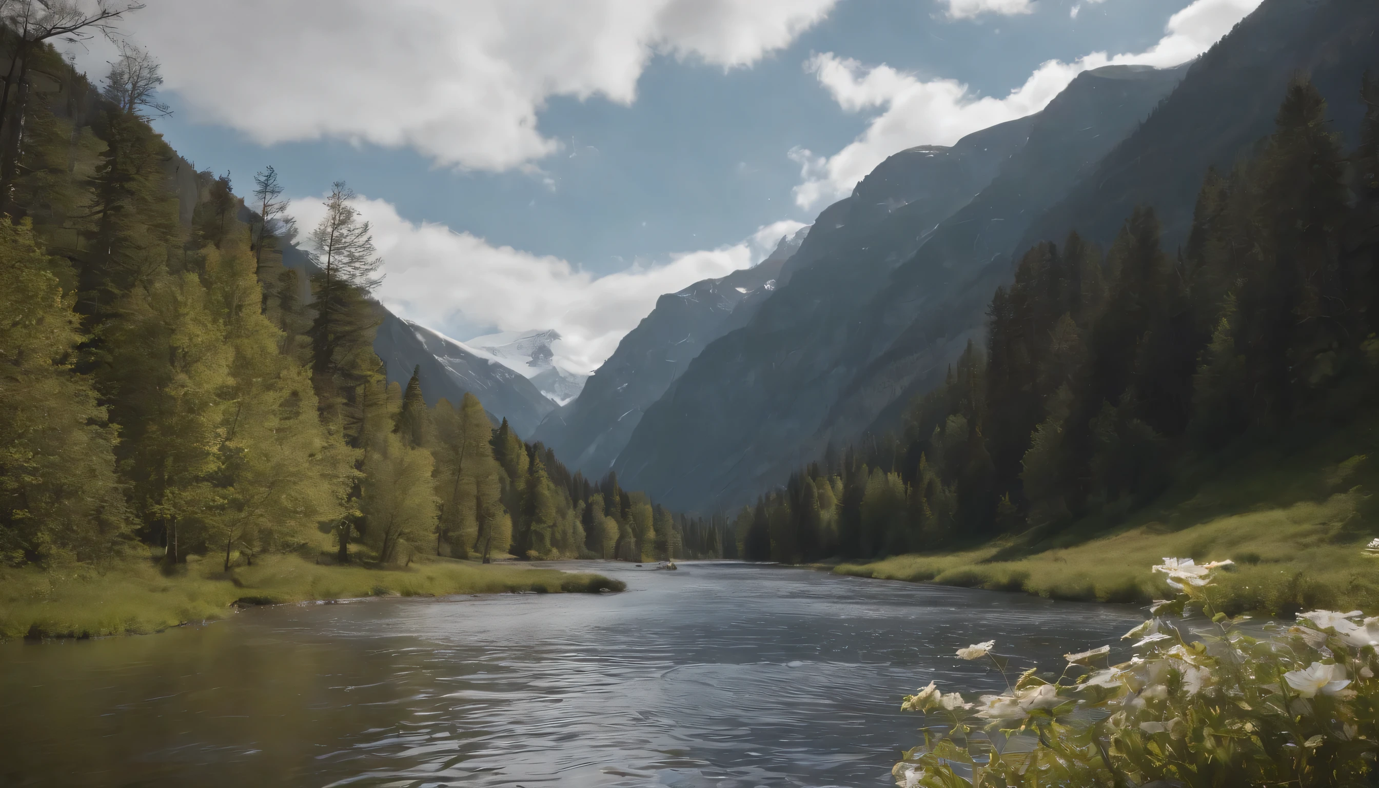 (Highly detailed CG Unity 8k wallpaper、masterpiece、highest quality、Super detailed)、(best lighting、best shadow、very delicate and beautiful)、highest quality、8k、Detailed facial depiction、masterpiece、highest quality、clear image quality、
A photo from the car window of snowmelt water flowing into the lake。