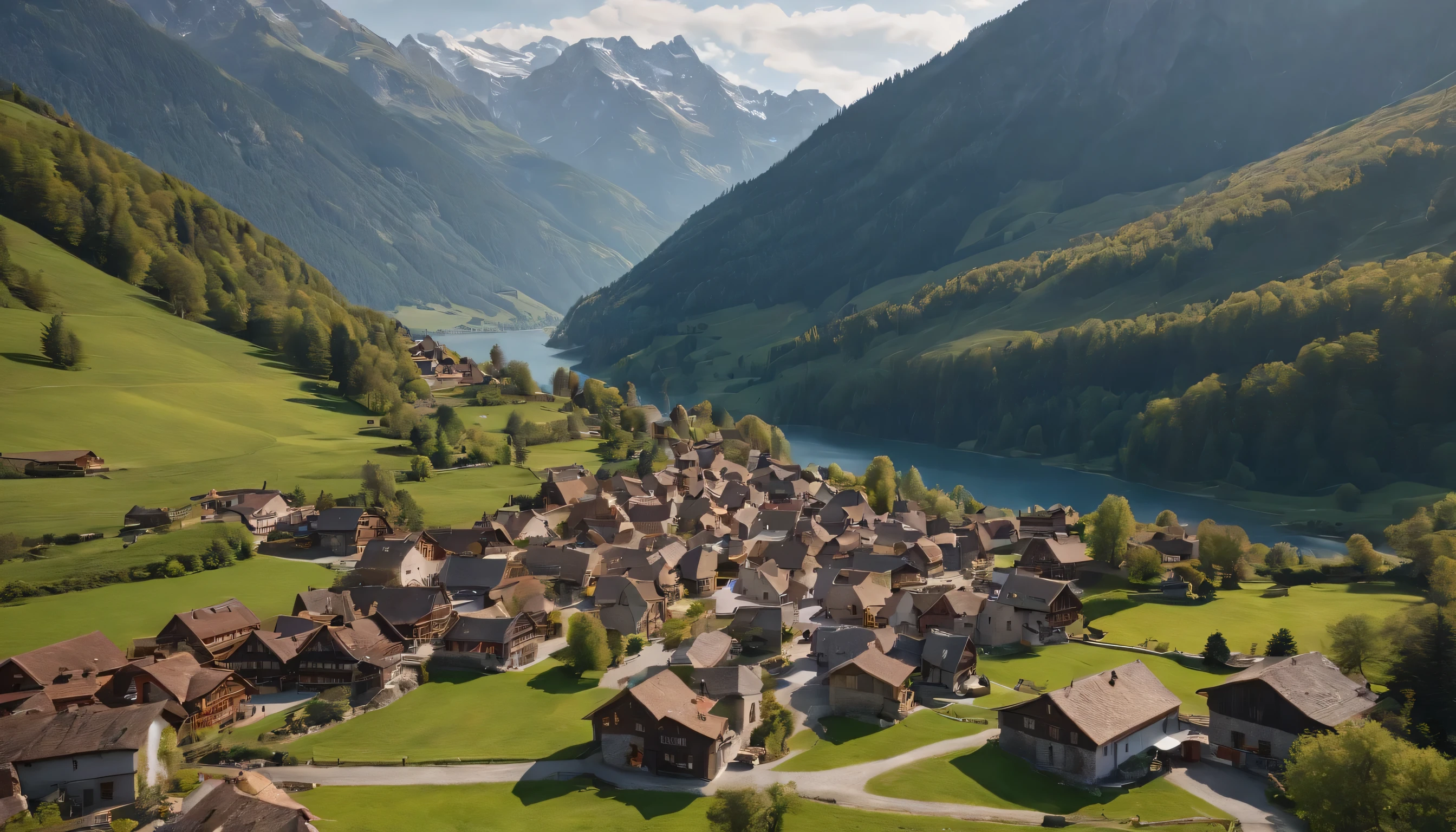 (Highly detailed CG Unity 8k wallpaper、masterpiece、highest quality、Super detailed)、(best lighting、best shadow、very delicate and beautiful)、highest quality、8k、Detailed facial depiction、masterpiece、highest quality、clear image quality、
Photos taken from the train window of Swiss villages and towns spread out between the mountains.。