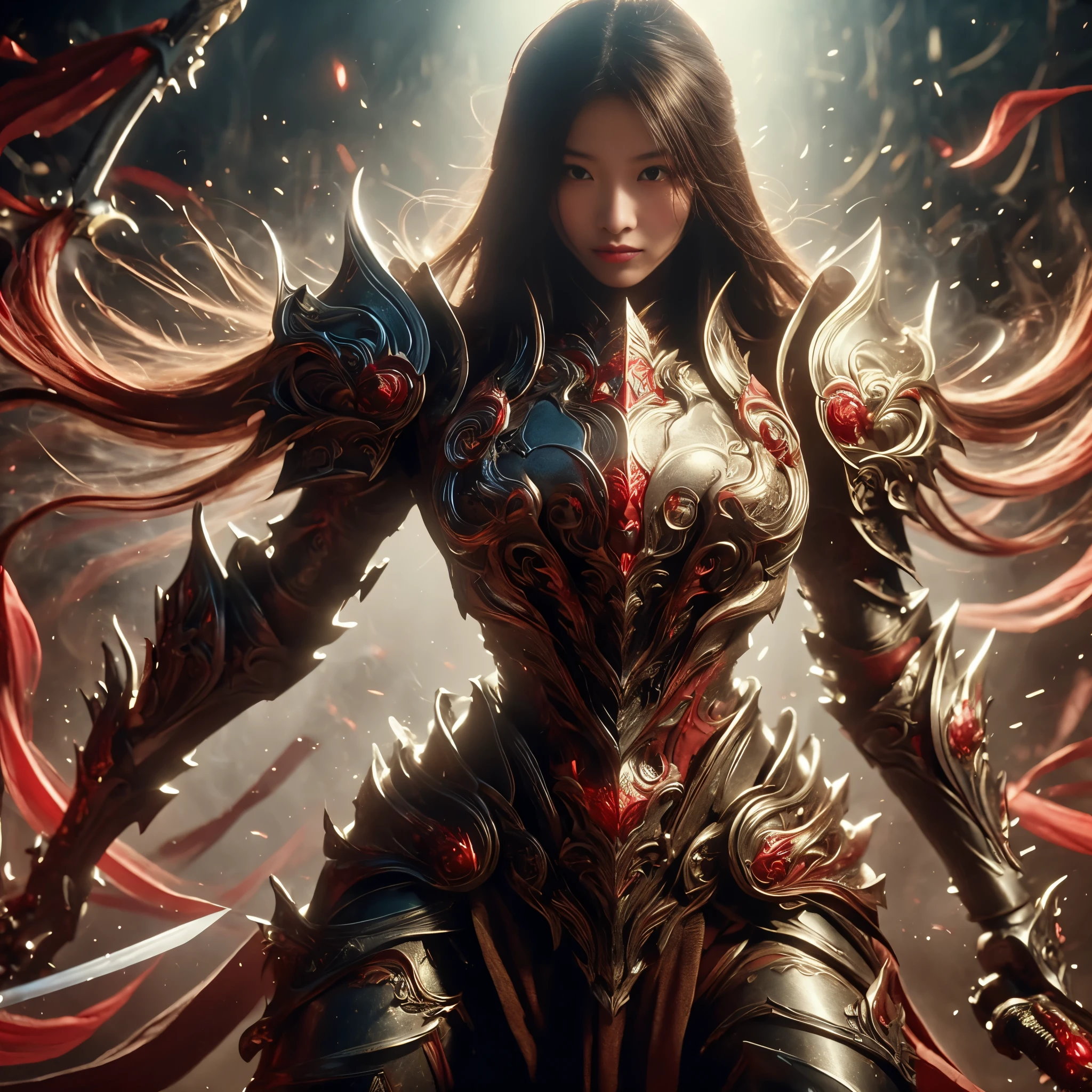 (((Realistic, masterpiece, best quality, crisp detail, high definition, high detail, sharp focus, perfect studio lightning))), 17 years old chinese girl, wearing heavy golden armor, chinese style armor, full body armor, full decorated armor, long straight hair, ideal body, big , , sweating, bloodstained face, blood scattered armor, bloodbath, carnage, showing long blood scattered sword, an epic war, fire everywhere, smoke everywhere, blood everywhere, death everywhere, sorrounded by enemies, japan edo period, brutal war background, war path, war zone, battle ground