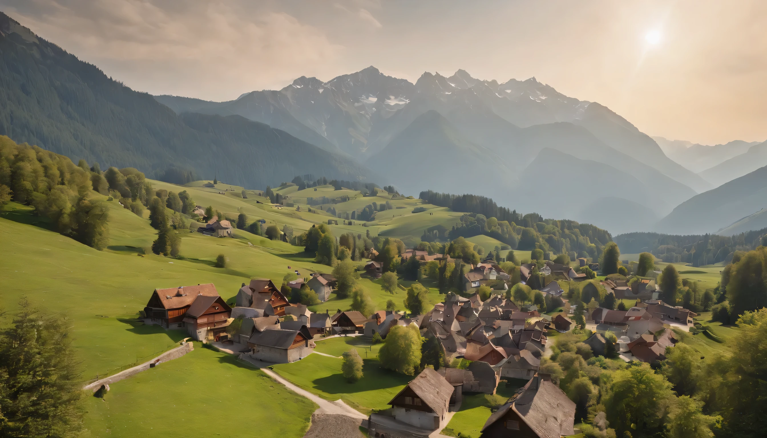 (Highly detailed CG Unity 8k wallpaper、masterpiece、highest quality、Super detailed)、(best lighting、best shadow、very delicate and beautiful)、highest quality、8k、Detailed facial depiction、masterpiece、highest quality、clear image quality、
Photos taken from the train window of Swiss villages and towns spread out between the mountains.。