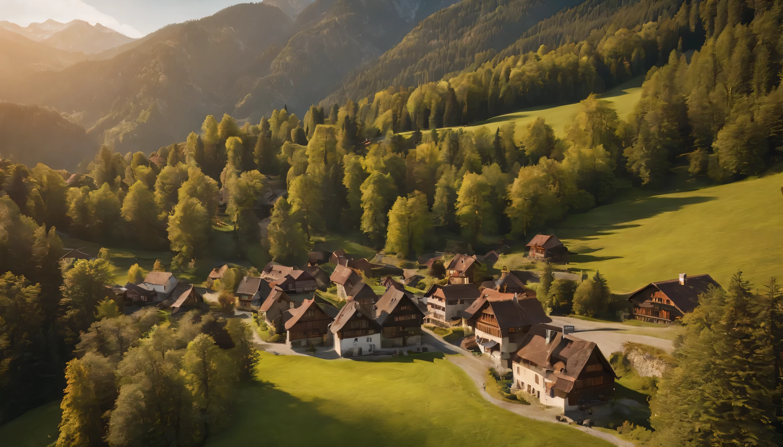 (Highly detailed CG Unity 8k wallpaper、masterpiece、highest quality、Super detailed)、(best lighting、best shadow、very delicate and beautiful)、highest quality、8k、Detailed facial depiction、masterpiece、highest quality、clear image quality、
Photos taken from the train window of Swiss villages and towns spread out between the mountains.。